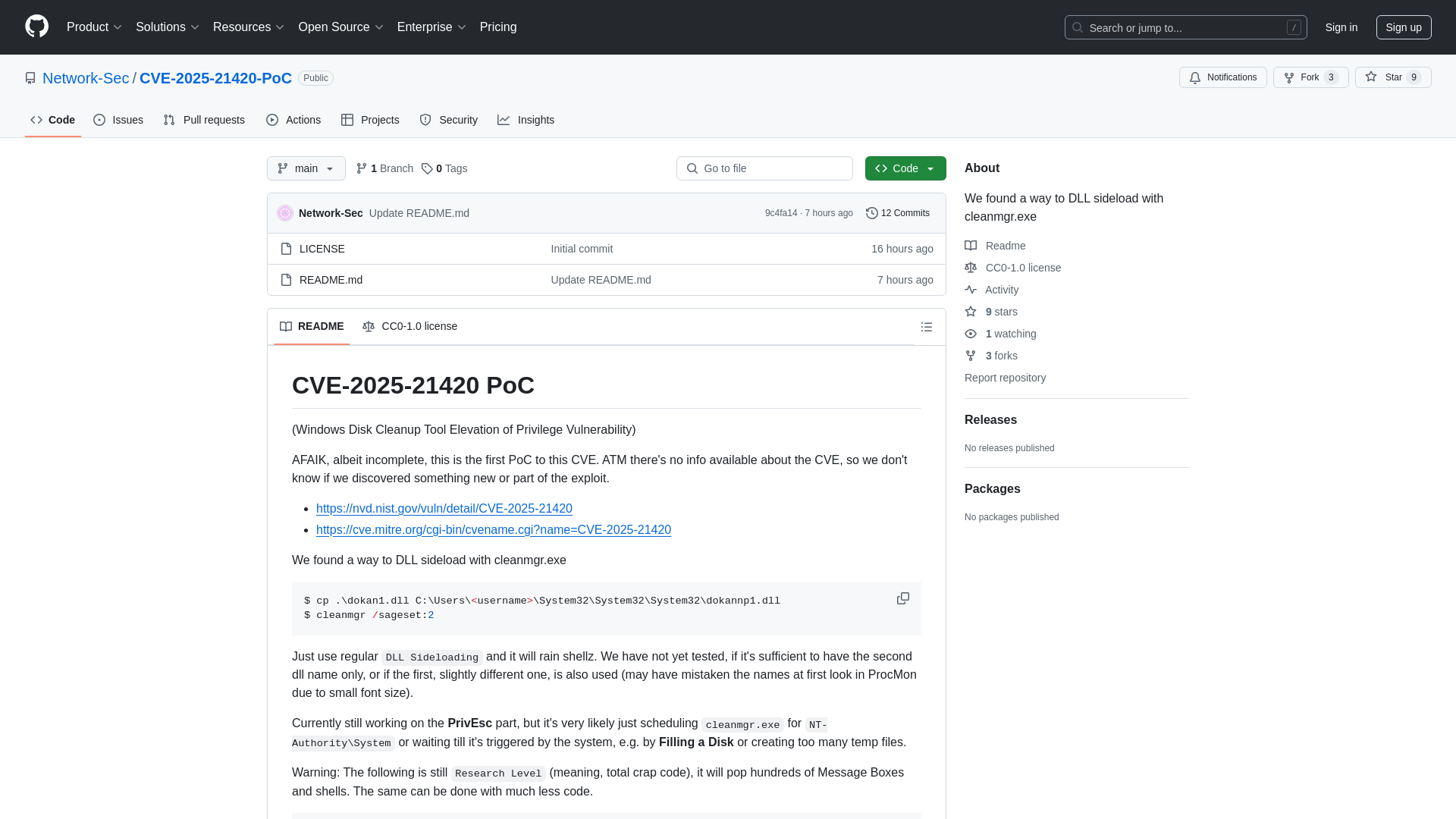 GitHub - Network-Sec/CVE-2025-21420-PoC: We found a way to DLL sideload with cleanmgr.exe