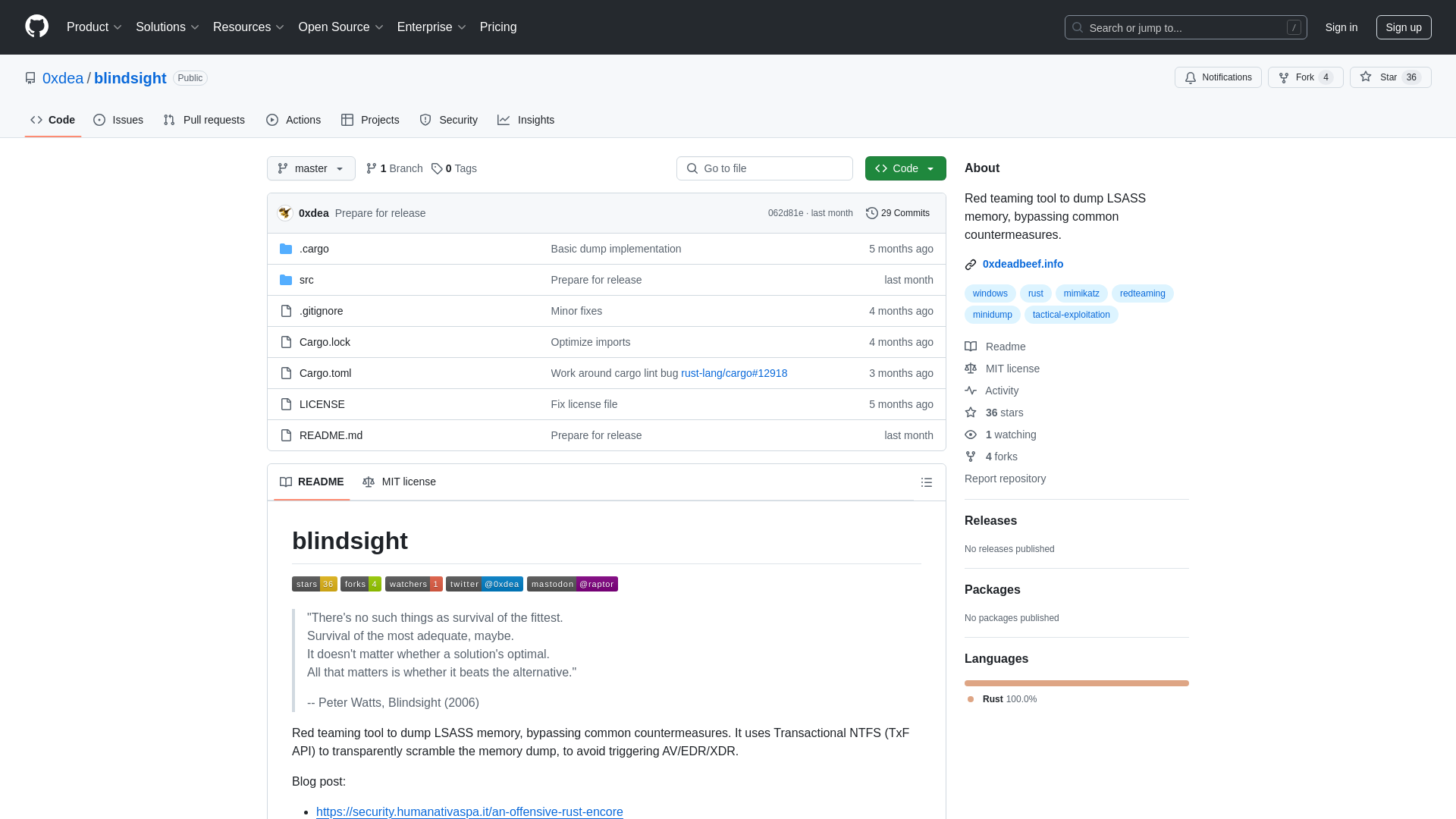 GitHub - 0xdea/blindsight: Red teaming tool to dump LSASS memory, bypassing common countermeasures.