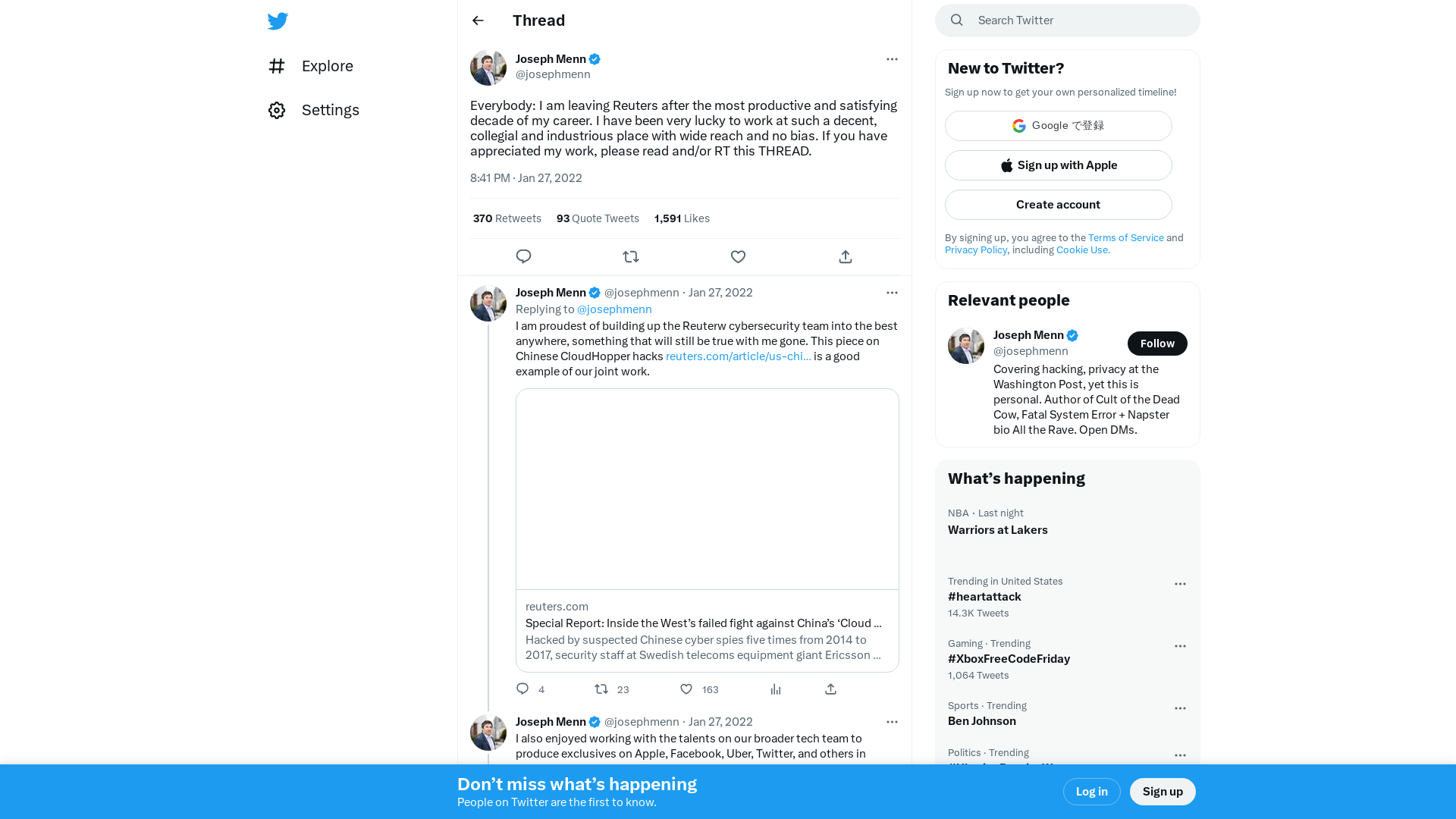 Joseph Menn on Twitter: "Everybody: I am leaving Reuters after the most productive and satisfying decade of my career. I have been very lucky to work at such a decent, collegial and industrious place with wide reach and no bias. If you have appreciated my work, please read and/or RT this THREAD." / Twitter