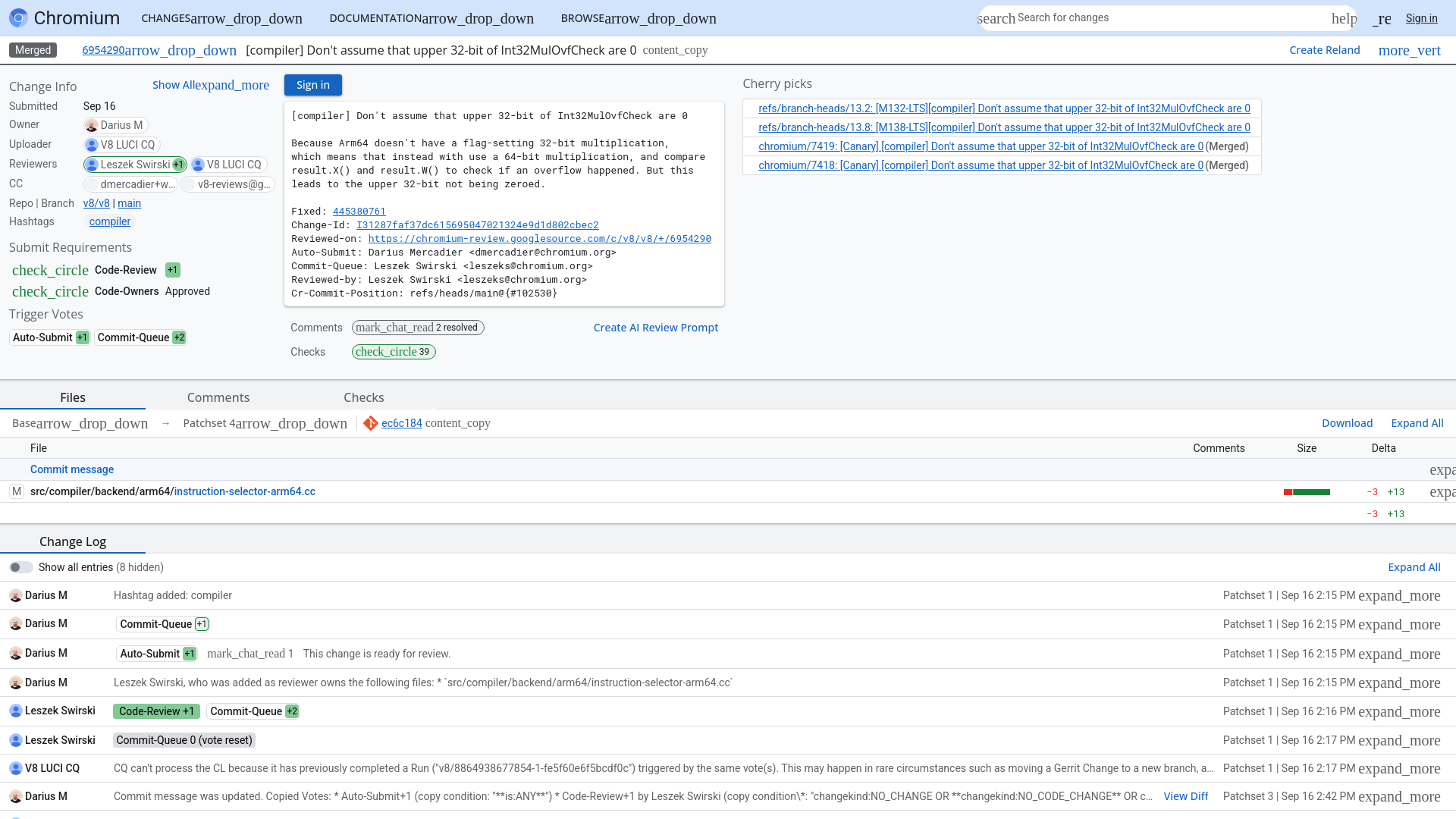 [compiler] Don't assume that upper 32-bit of Int32MulOvfCheck are 0 (6954290) · Gerrit Code Review
