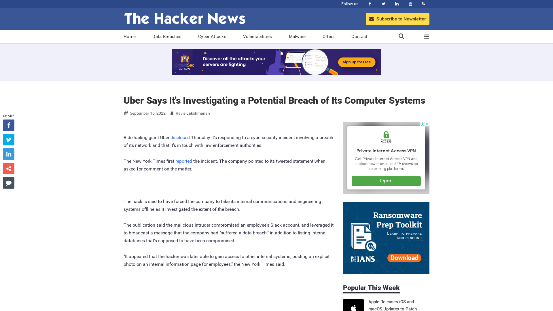 Uber Says It's Investigating a Potential Breach of Its Computer Systems