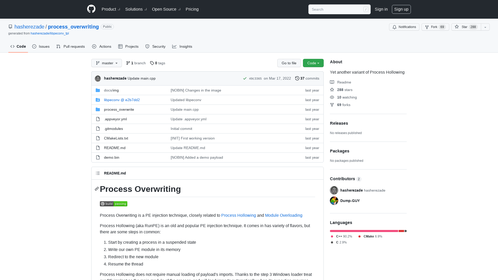 GitHub - hasherezade/process_overwriting: Yet another variant of Process Hollowing