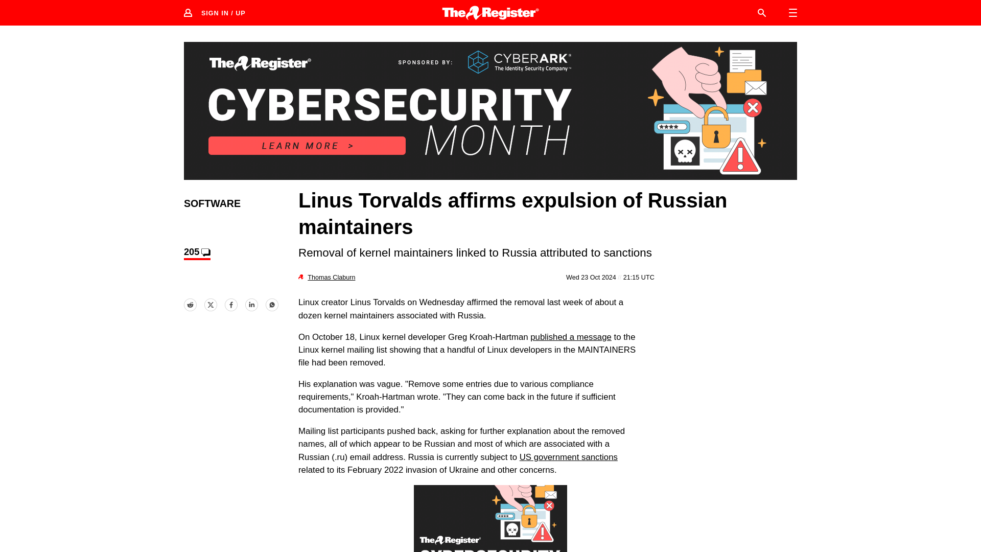 Linus Torvalds affirms expulsion of Russian maintainers • The Register