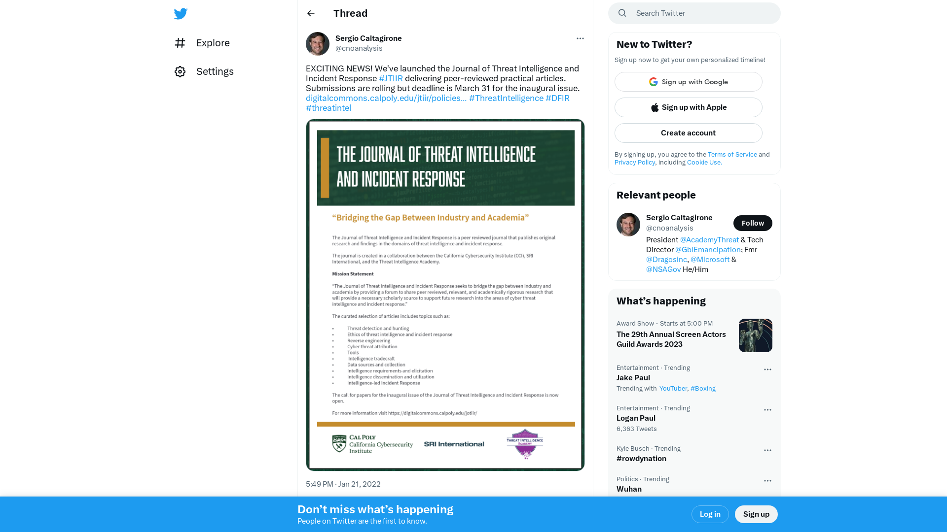 Sergio Caltagirone on Twitter: "EXCITING NEWS! We've launched the Journal of Threat Intelligence and Incident Response #JTIIR delivering peer-reviewed practical articles. Submissions are rolling but deadline is March 31 for the inaugural issue. https://t.co/xsJc8joZ9J #ThreatIntelligence #DFIR #threatintel https://t.co/VwaLByQViM" / Twitter