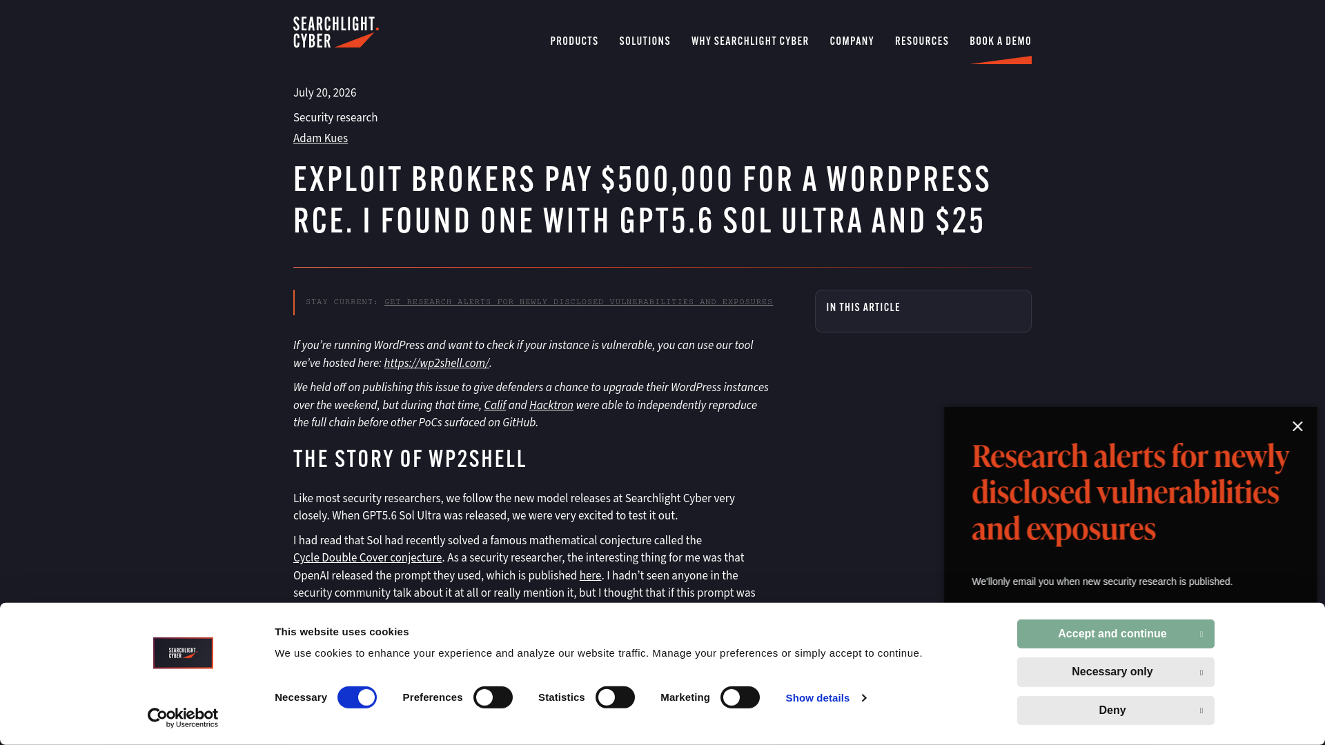 Exploit brokers pay $500,000 for a WordPress RCE. I found one with GPT5.6 Sol Ultra and $25 › Searchlight Cyber