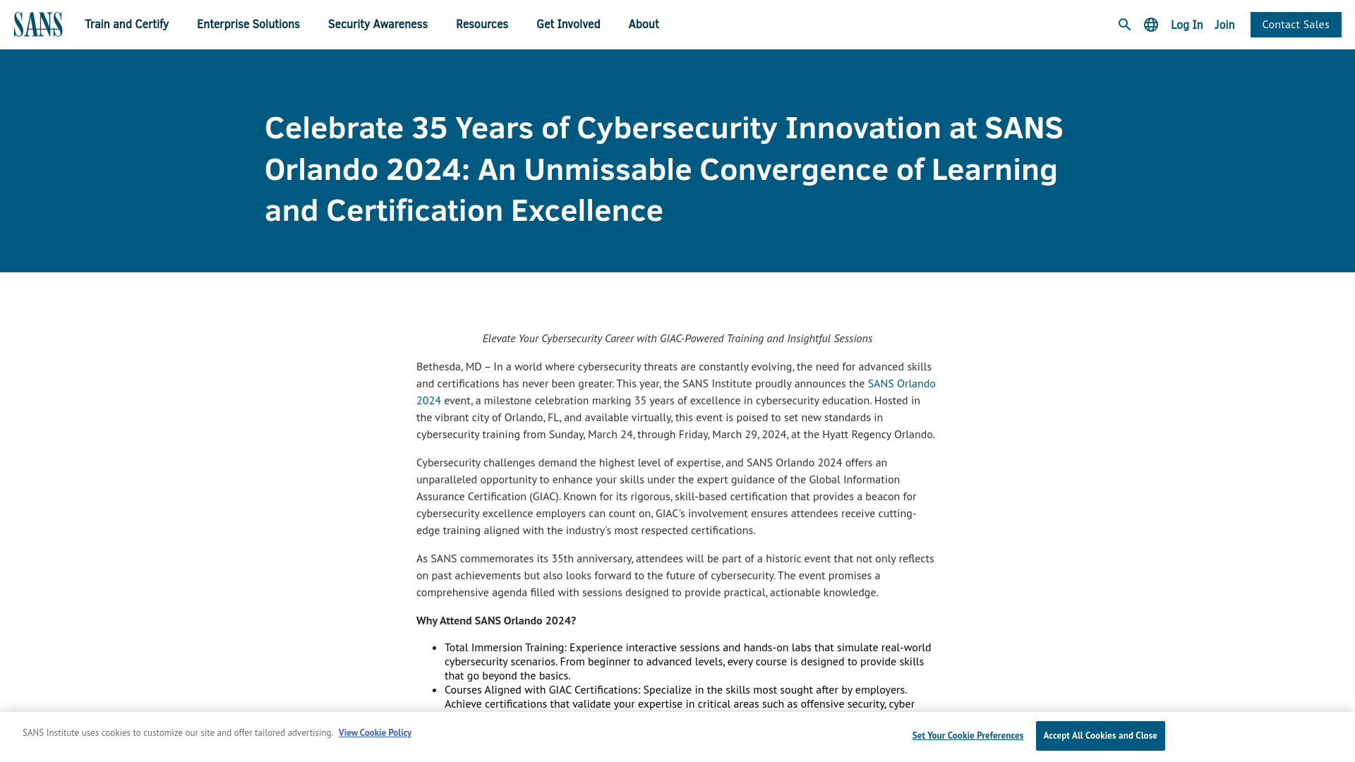 Celebrate 35 Years of Cybersecurity Innovation at SANS Orlando 2024: An Unmissable Convergence of Learning and Certification Excellence | SANS Institute