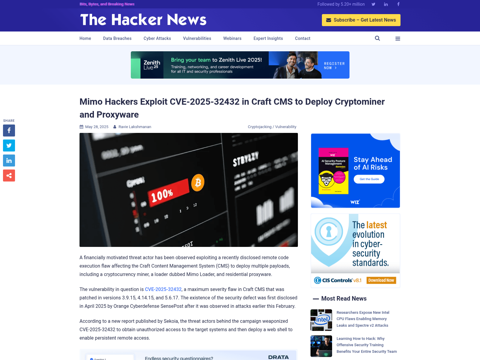 Mimo Hackers Exploit CVE-2025-32432 in Craft CMS to Deploy Cryptominer and Proxyware