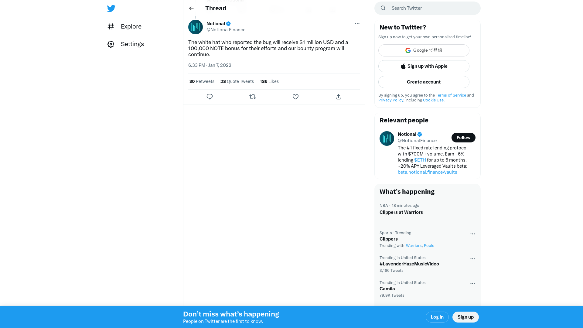 Notional on Twitter: "The white hat who reported the bug will receive $1 million USD and a 100,000 NOTE bonus for their efforts and our bounty program will continue." / Twitter