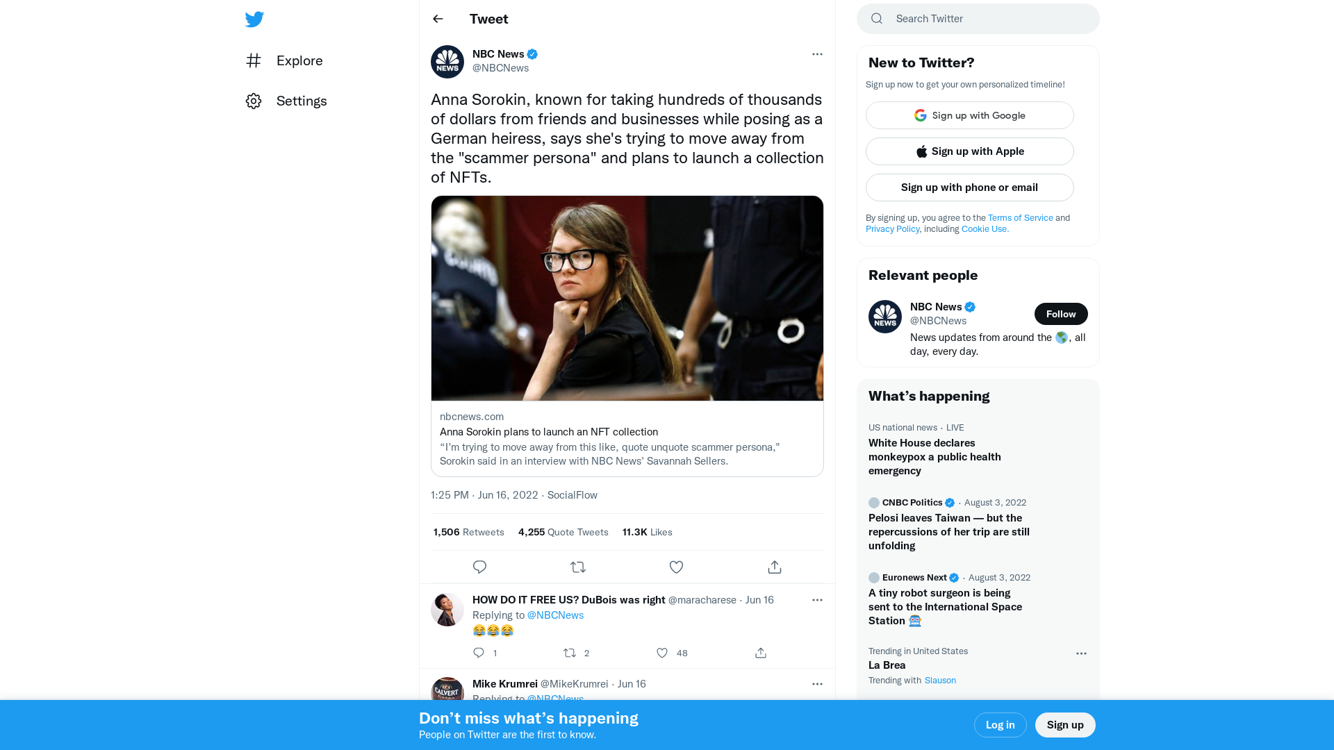 NBC News on Twitter: "Anna Sorokin, known for taking hundreds of thousands of dollars from friends and businesses while posing as a German heiress, says she's trying to move away from the "scammer persona" and plans to launch a collection of NFTs. https://t.co/k4XzaoK2qO" / Twitter