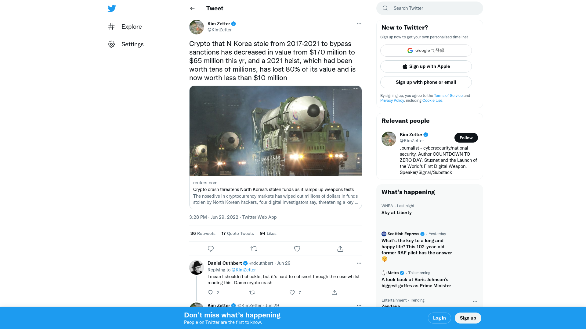 Kim Zetter on Twitter: "Crypto that N Korea stole from 2017-2021 to bypass sanctions has decreased in value from $170 million to $65 million this yr, and a 2021 heist, which had been worth tens of millions, has lost 80% of its value and is now worth less than $10 million https://t.co/GCtqkRdtKk" / Twitter