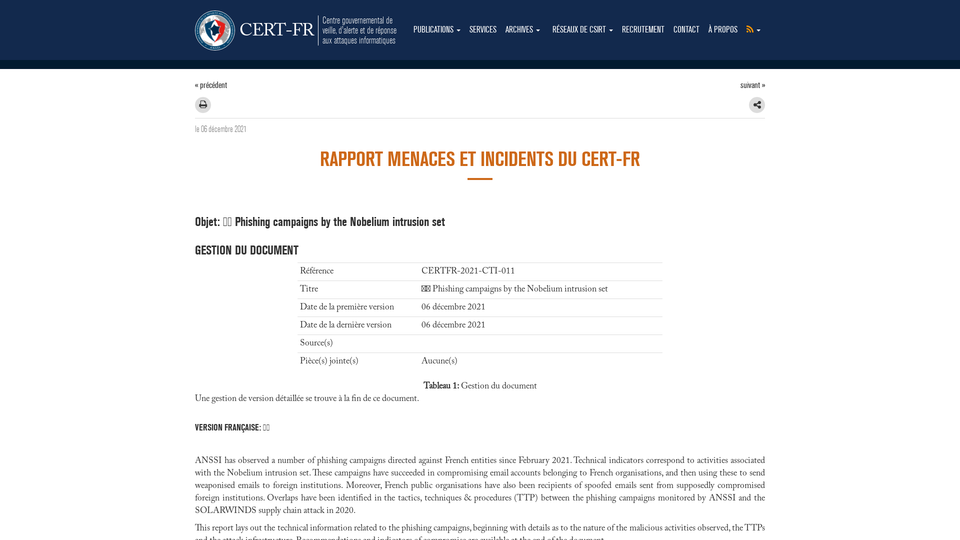 🇬🇧 Phishing campaigns by the Nobelium intrusion set – CERT-FR