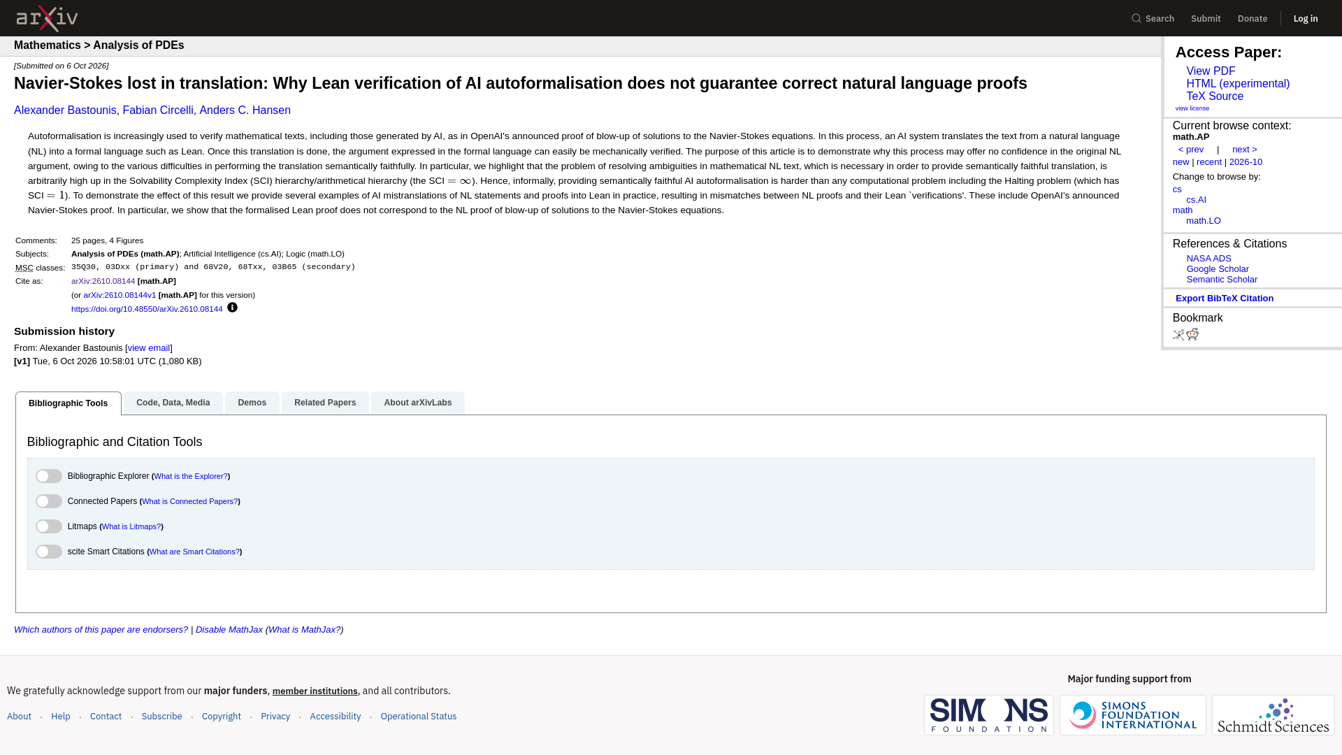 [2610.08144] Navier-Stokes lost in translation: Why Lean verification of AI autoformalisation does not guarantee correct natural language proofs