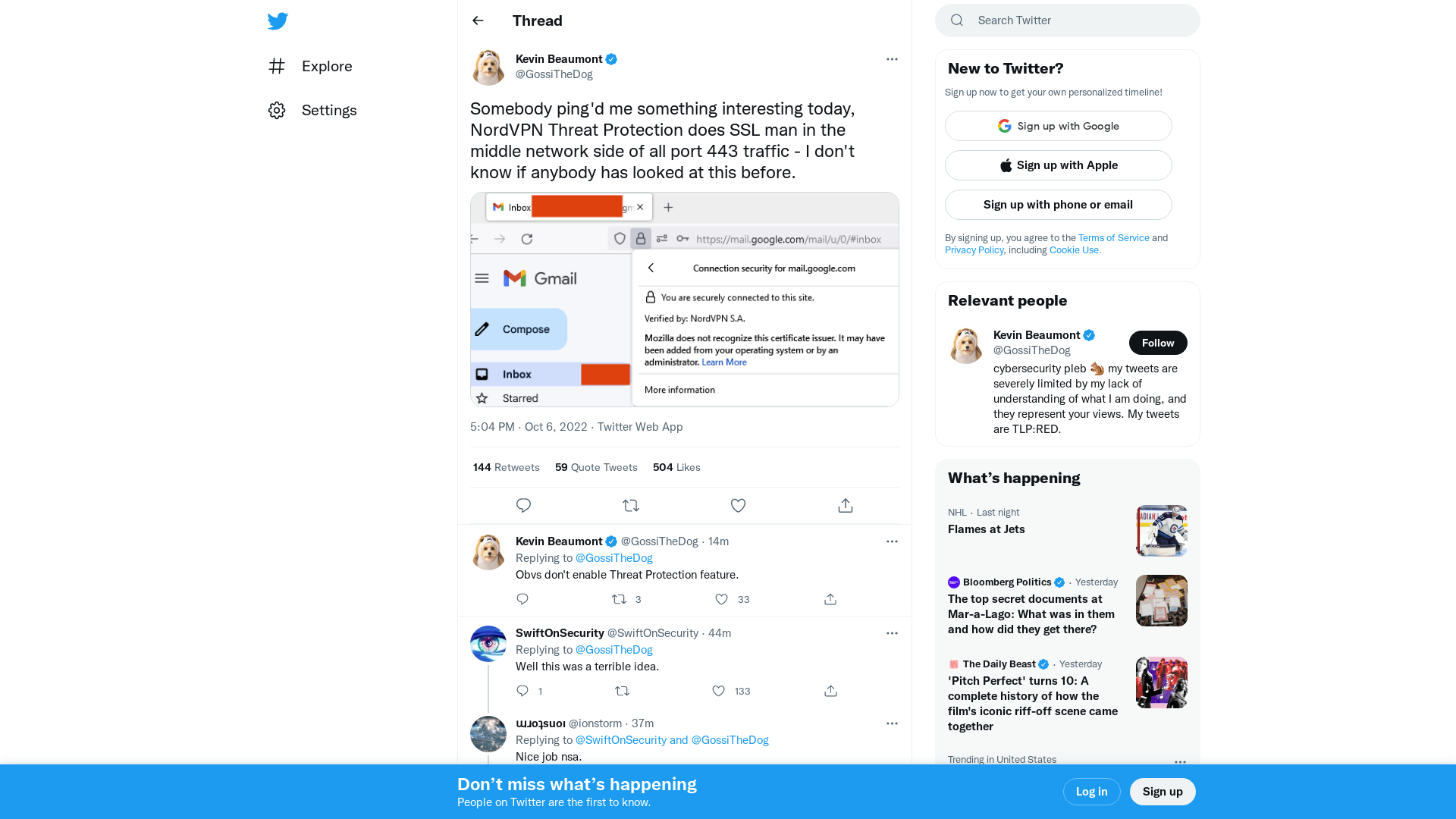 Kevin Beaumont on Twitter: "Somebody ping'd me something interesting today, NordVPN Threat Protection does SSL man in the middle network side of all port 443 traffic - I don't know if anybody has looked at this before. https://t.co/cnCbiqwHRx" / Twitter