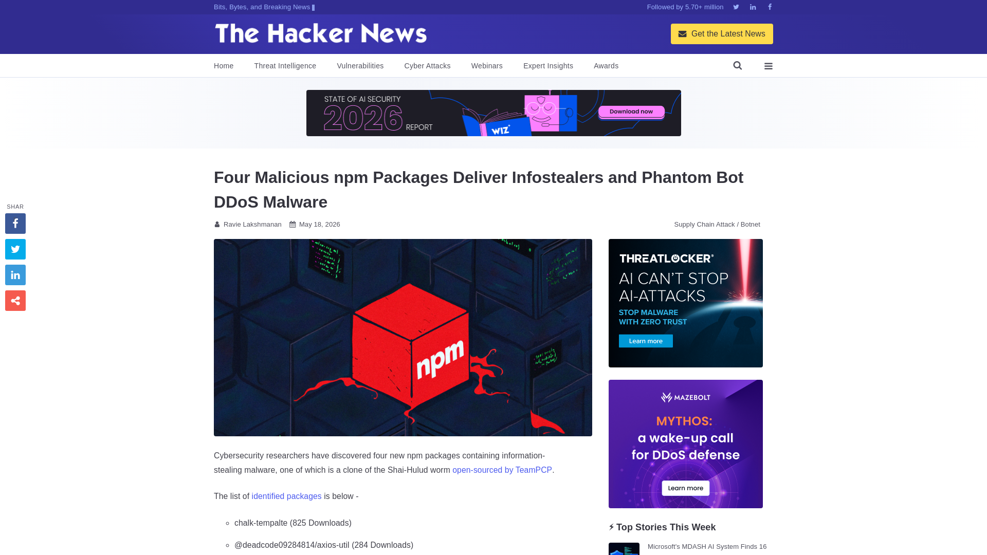 Four Malicious npm Packages Deliver Infostealers and Phantom Bot DDoS Malware