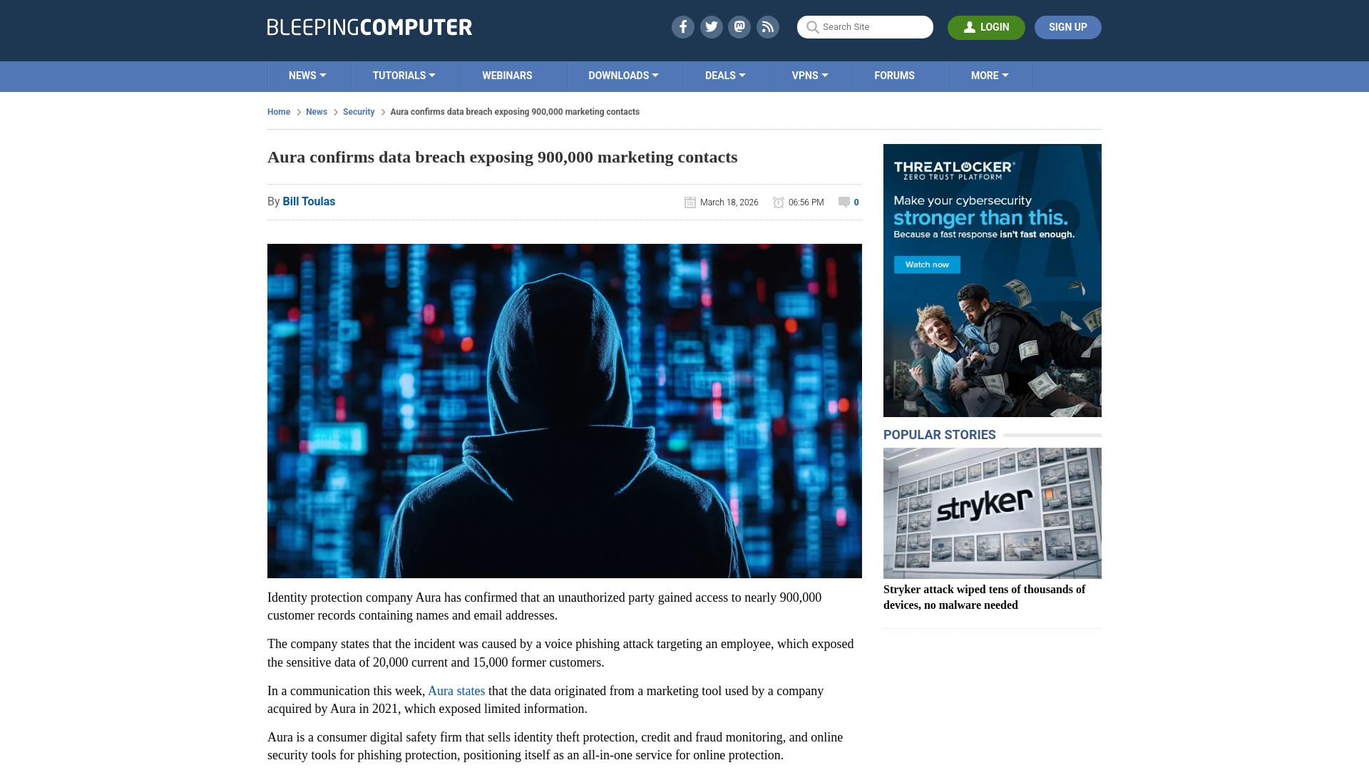 Aura confirms data breach exposing 900,000 marketing contacts