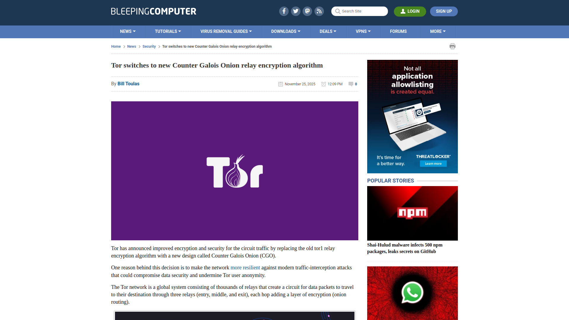 Tor switches to new Counter Galois Onion relay encryption algorithm