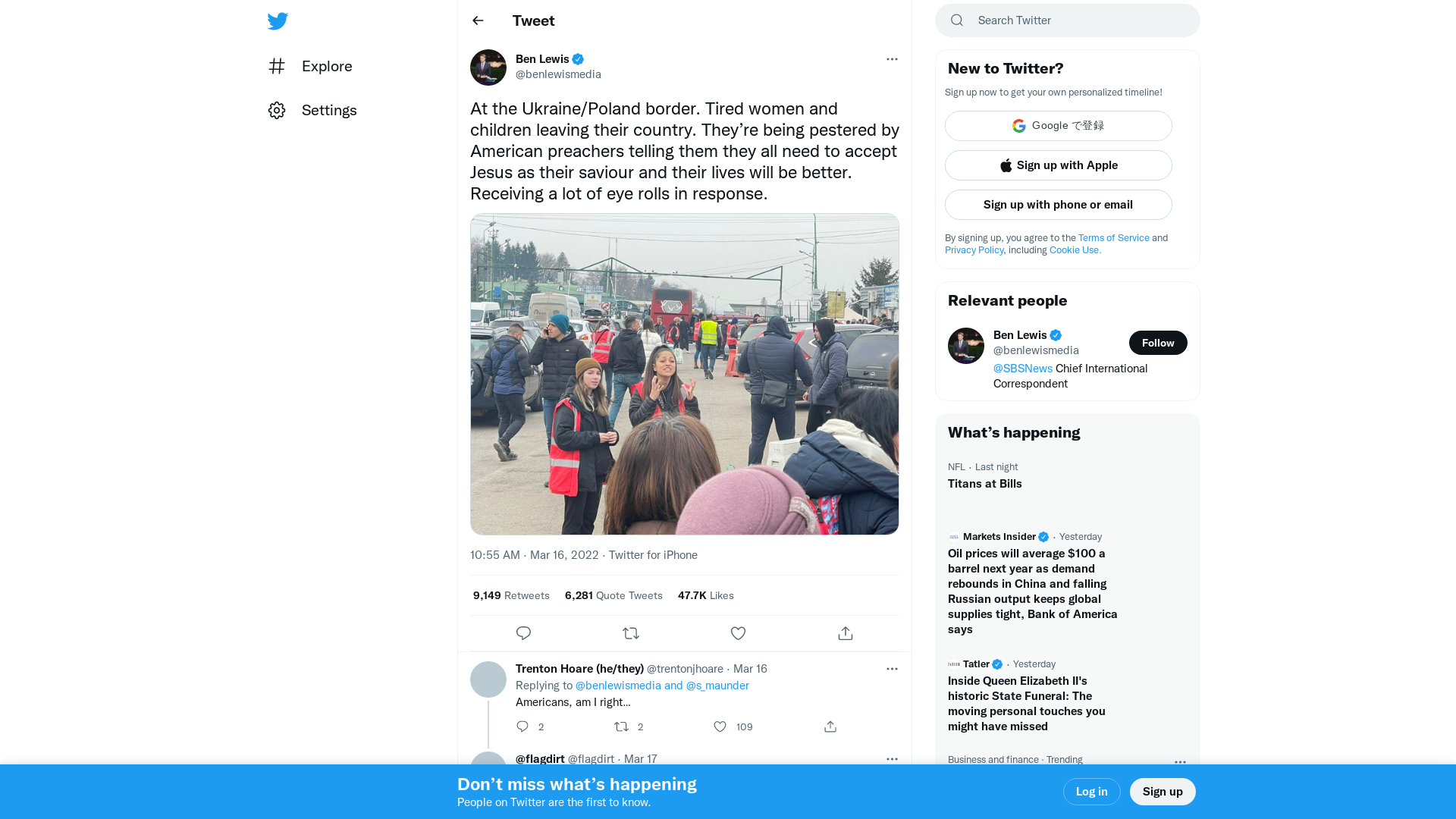 Ben Lewis on Twitter: "At the Ukraine/Poland border. Tired women and children leaving their country. They’re being pestered by American preachers telling them they all need to accept Jesus as their saviour and their lives will be better. Receiving a lot of eye rolls in response. https://t.co/Fjyc8ppKVe" / Twitter