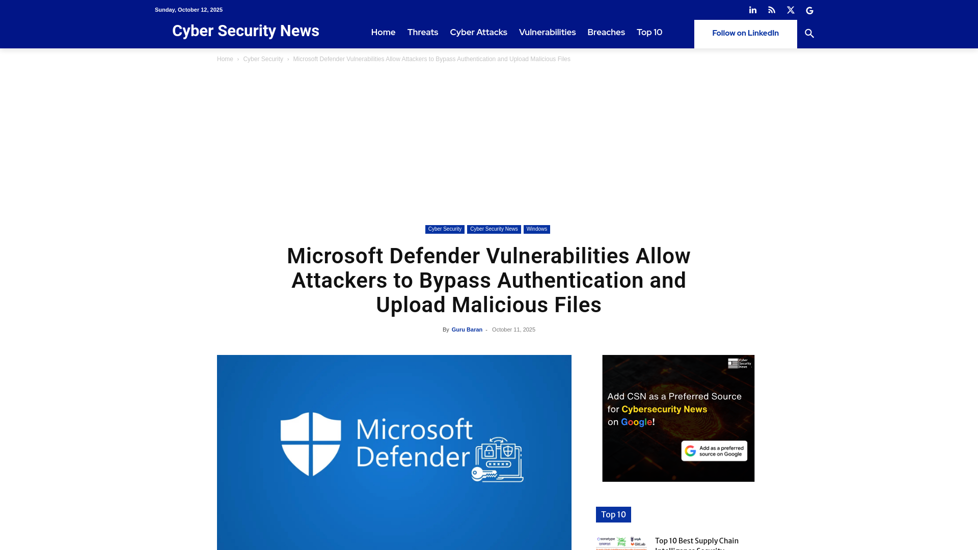 Microsoft Defender Vulnerabilities Allow Attackers to Bypass Authentication and Upload Malicious Files