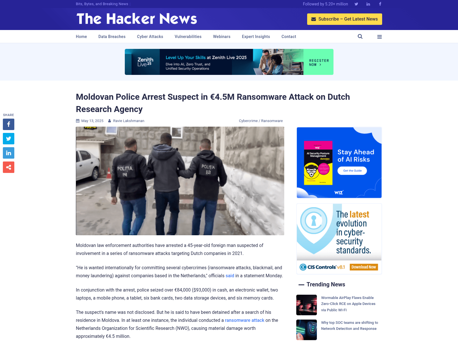 Moldovan Police Arrest Suspect in €4.5M Ransomware Attack on Dutch Research Agency