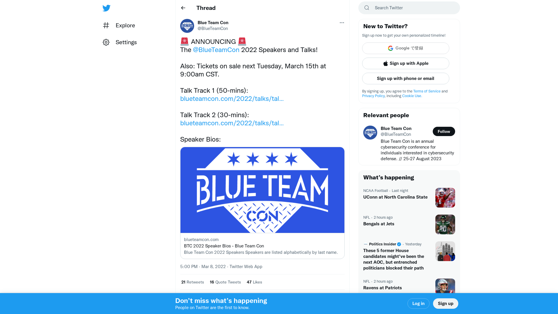 Blue Team Con on Twitter: "🚨 ANNOUNCING 🚨 The @BlueTeamCon 2022 Speakers and Talks! Also: Tickets on sale next Tuesday, March 15th at 9:00am CST. Talk Track 1 (50-mins): https://t.co/sLarbBMpcH Talk Track 2 (30-mins): https://t.co/J3SRy02vwr Speaker Bios: https://t.co/k4jDo8t2sz" / Twitter
