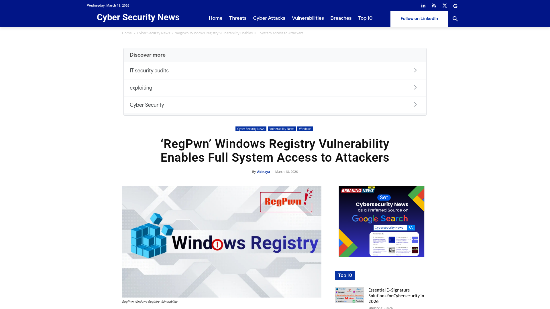 ‘RegPwn’ Windows Registry Vulnerability Enables Full System Access to Attackers