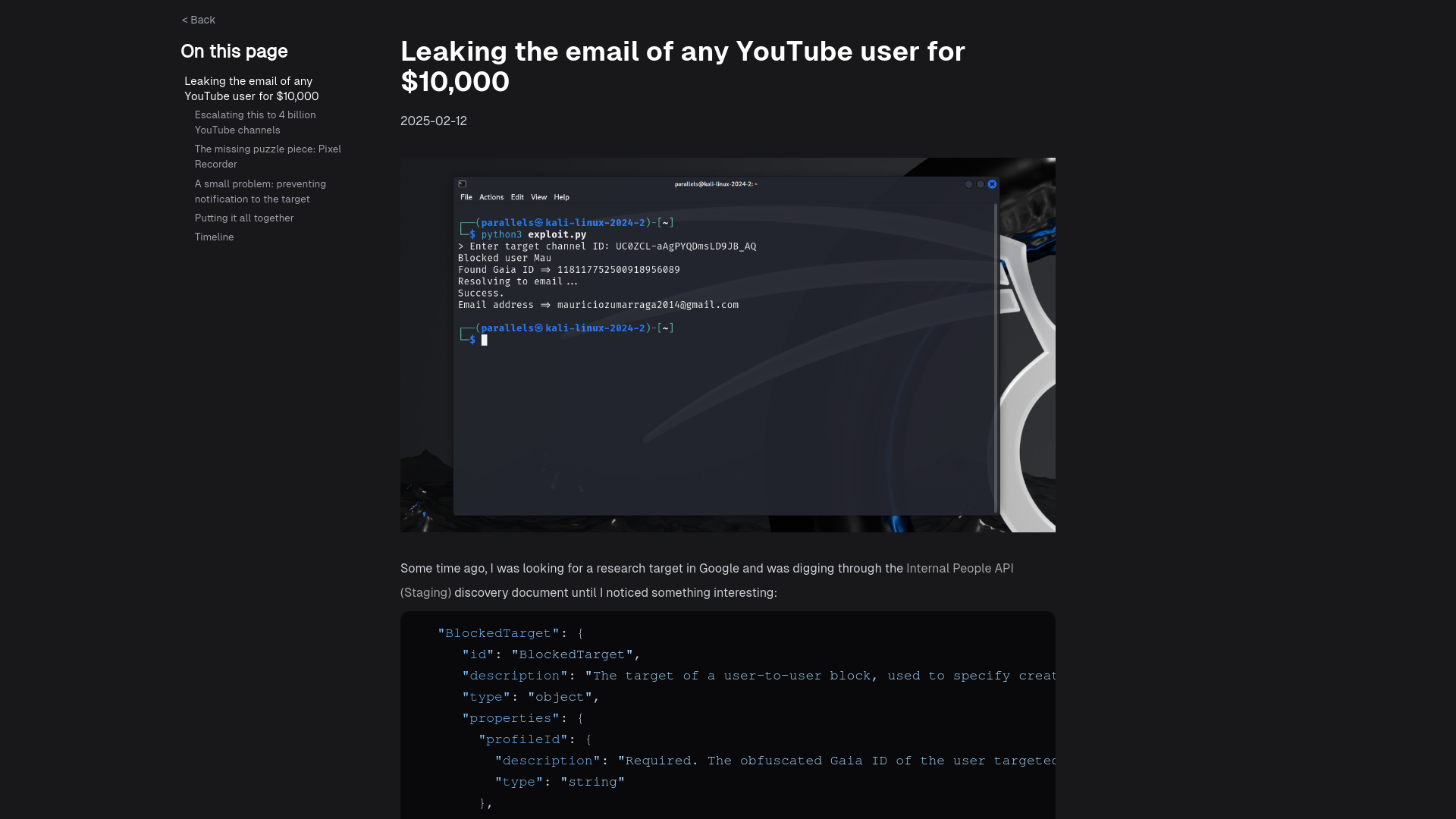 Leaking the email of any YouTube user for $10,000