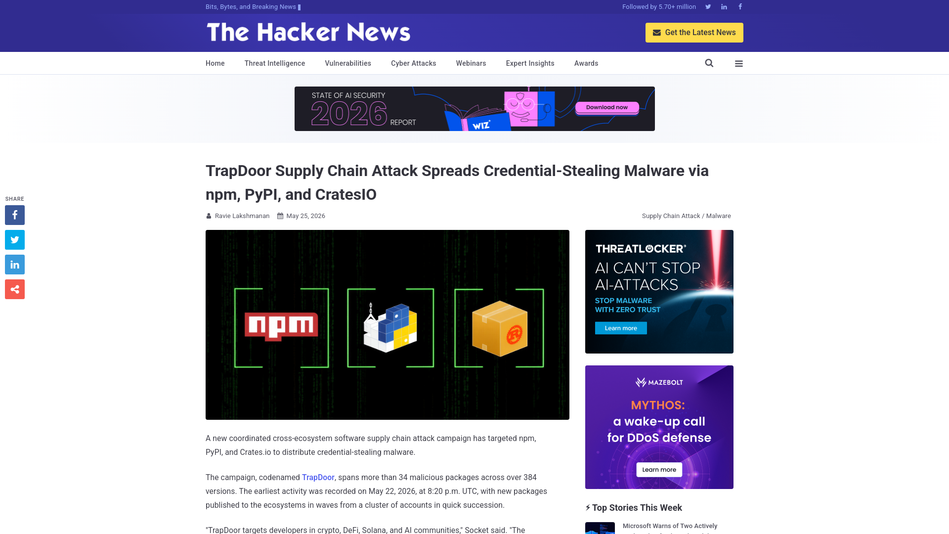 TrapDoor Supply Chain Attack Spreads Credential-Stealing Malware via npm, PyPI, and CratesIO