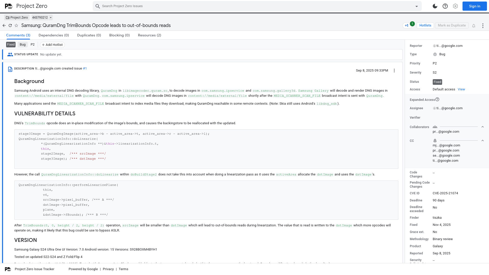 Samsung: QuramDng TrimBounds Opcode leads to out-of-bounds reads [443793212] - Project Zero