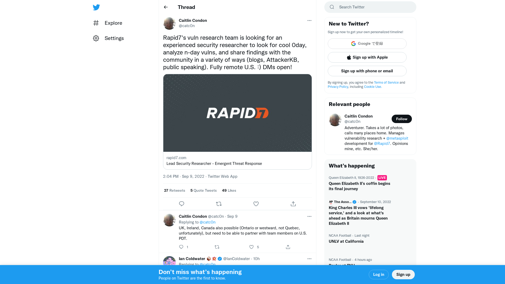 Caitlin Condon on Twitter: "Rapid7's vuln research team is looking for an experienced security researcher to look for cool 0day, analyze n-day vulns, and share findings with the community in a variety of ways (blogs, AttackerKB, public speaking). Fully remote U.S. :) DMs open! https://t.co/DNouY6WOOY" / Twitter