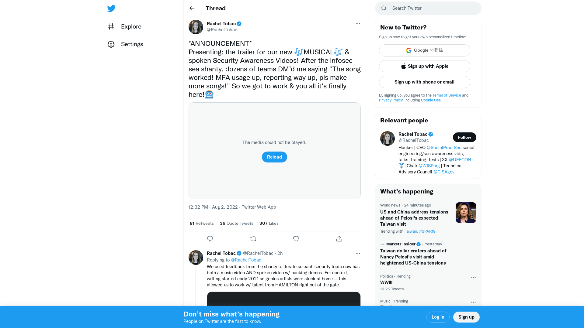 Rachel Tobac on Twitter: "*ANNOUNCEMENT* Presenting: the trailer for our new 🎶MUSICAL🎶 & spoken Security Awareness Videos! After the infosec sea shanty, dozens of teams DM’d me saying "The song worked! MFA usage up, reporting way up, pls make more songs!" So we got to work & you all it's finally here!🤖 https://t.co/elcTrJYGjh" / Twitter