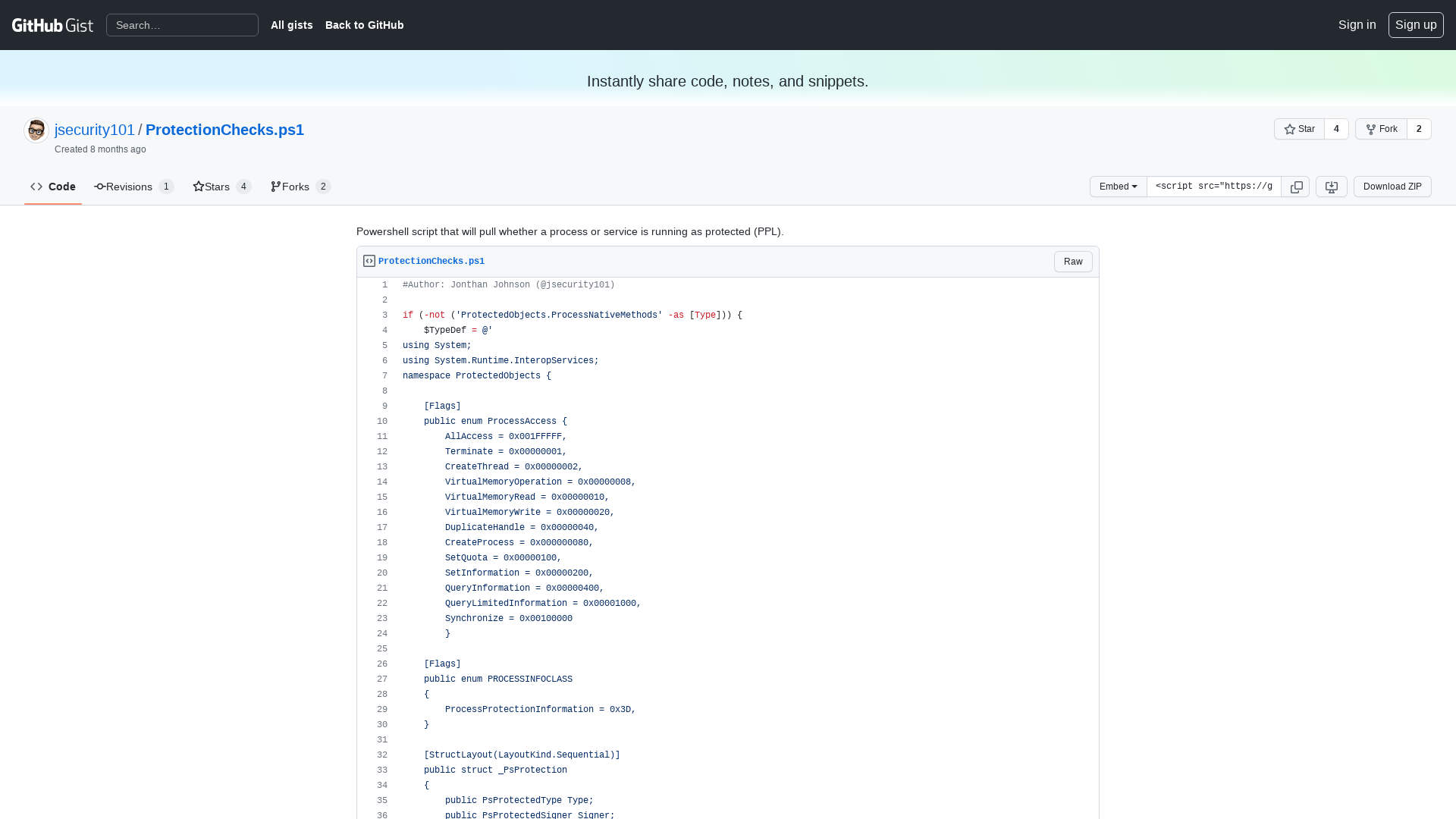 Powershell script that will pull whether a process or service is running as protected (PPL). · GitHub