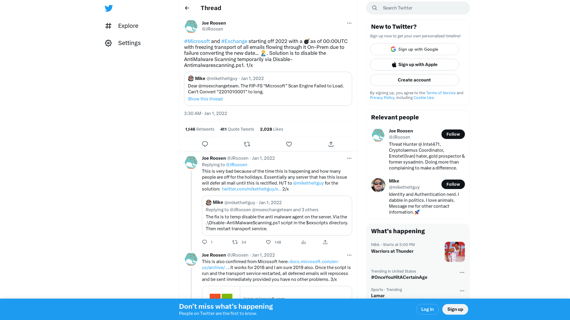 Joe Roosen on Twitter: "#Microsoft and #Exchange starting off 2022 with a 💣as of 00:00UTC with freezing transport of all emails flowing through it On-Prem due to failure converting the new date... 🤦‍♂️. Solution is to disable the AntiMalware Scanning temporarily via Disable-Antimalwarescanning.ps1. 1/x" / Twitter