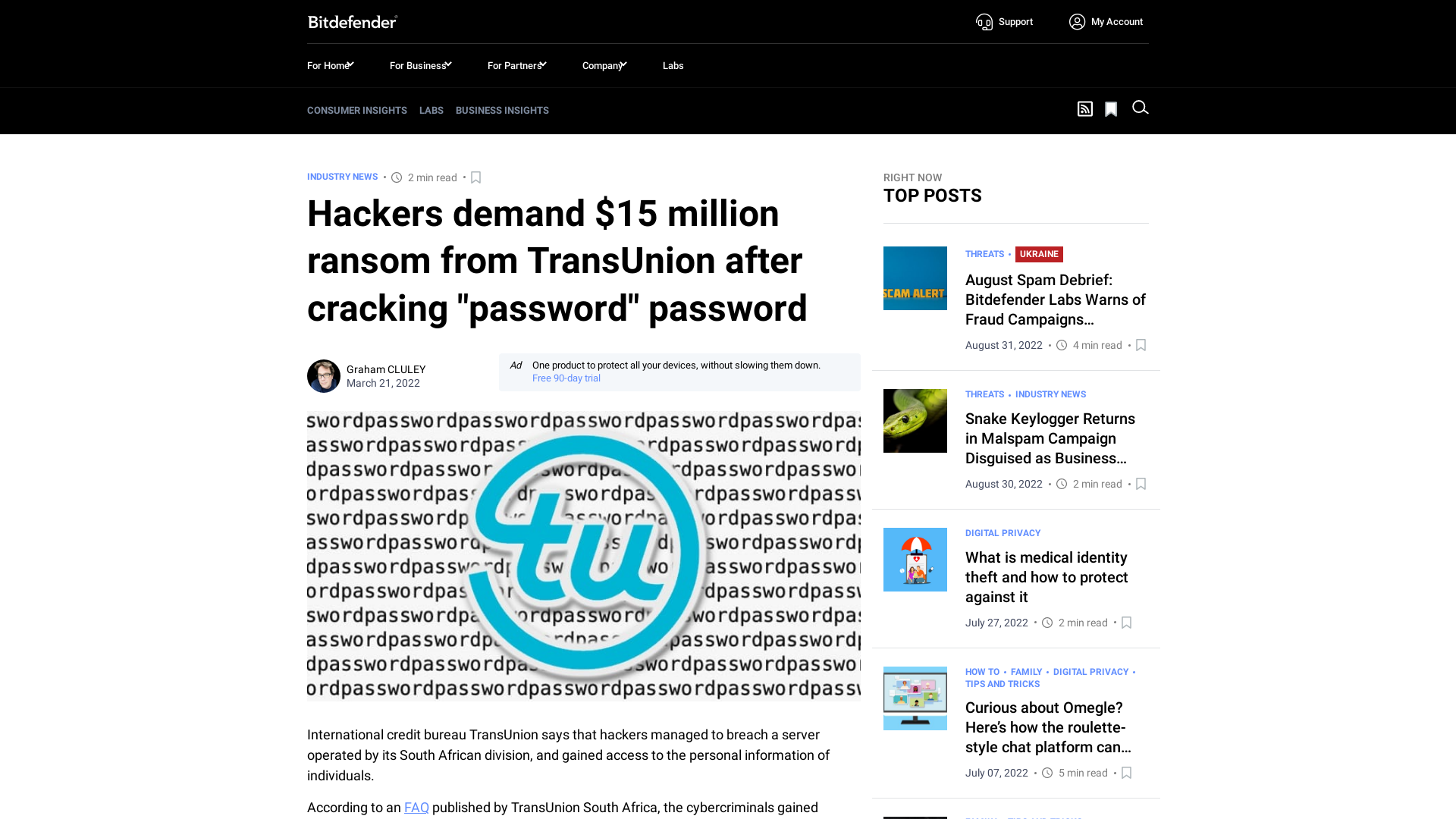 Hackers demand $15 million ransom from TransUnion after cracking "password" password