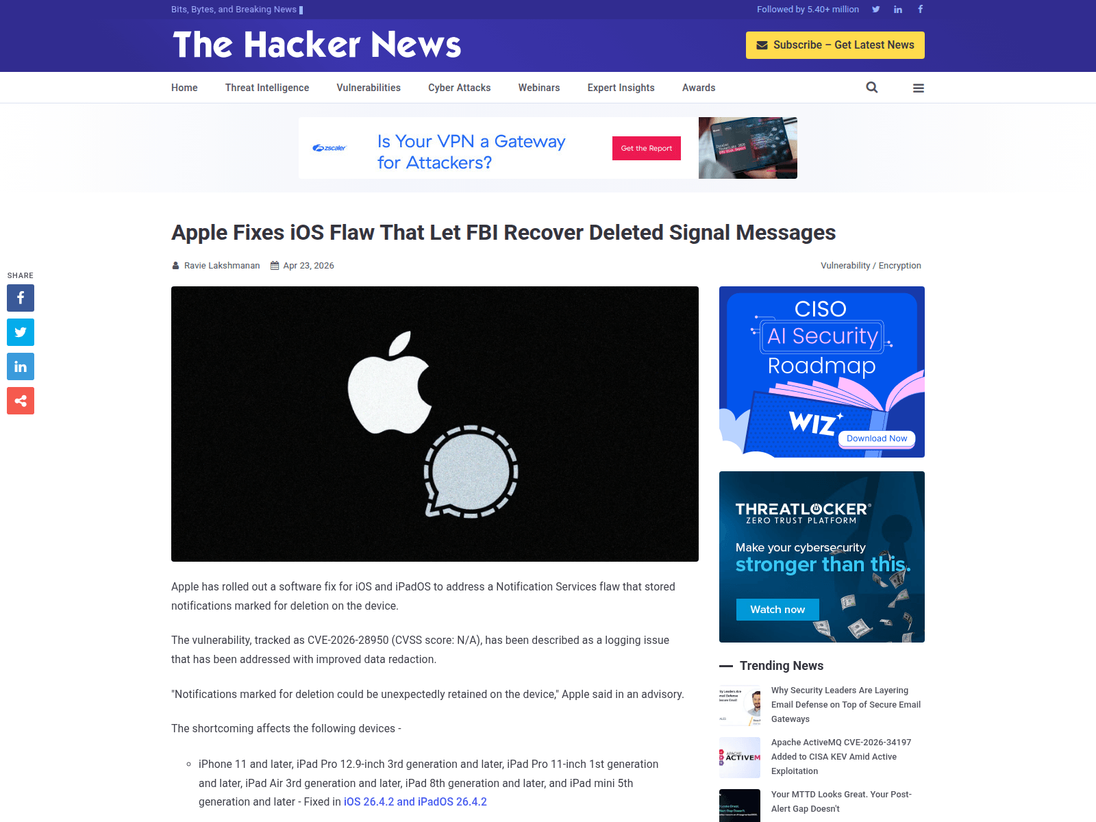 Apple Fixes iOS Flaw That Let FBI Recover Deleted Signal Messages
