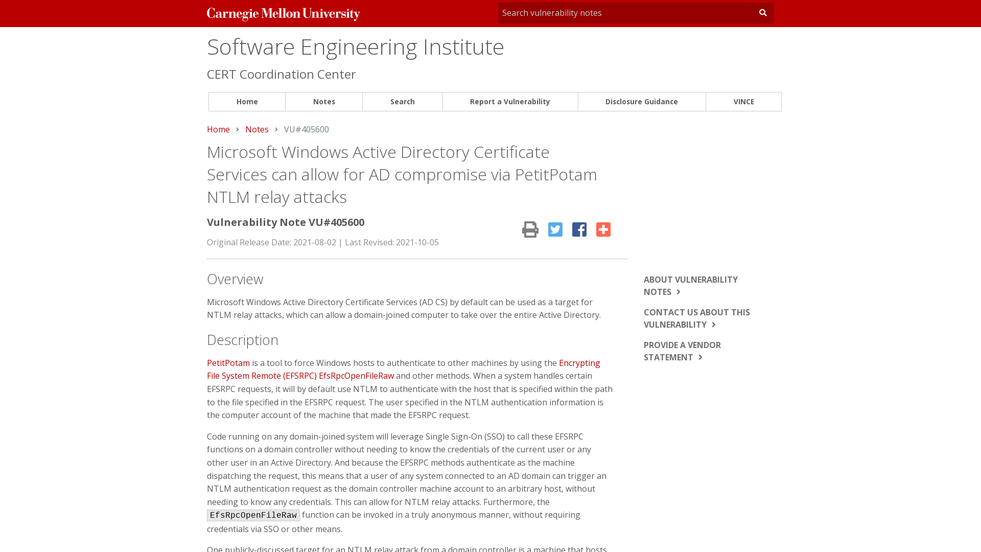 VU#405600 - Microsoft Windows Active Directory Certificate Services can allow for AD compromise via PetitPotam NTLM relay attacks