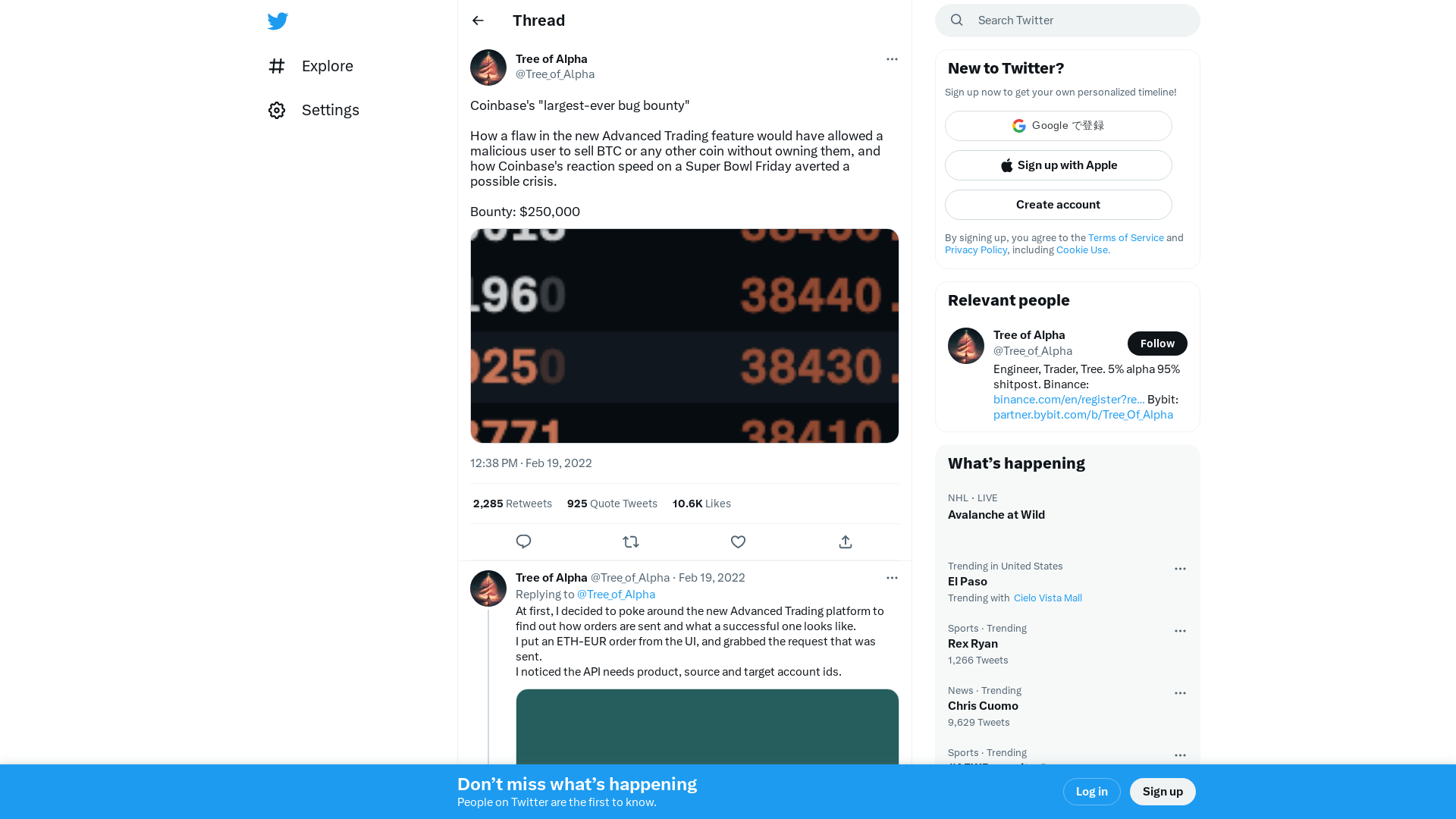 Tree of Alpha on Twitter: "Coinbase's "largest-ever bug bounty" How a flaw in the new Advanced Trading feature would have allowed a malicious user to sell BTC or any other coin without owning them, and how Coinbase's reaction speed on a Super Bowl Friday averted a possible crisis. Bounty: $250,000 https://t.co/Y91M48pCcI" / Twitter
