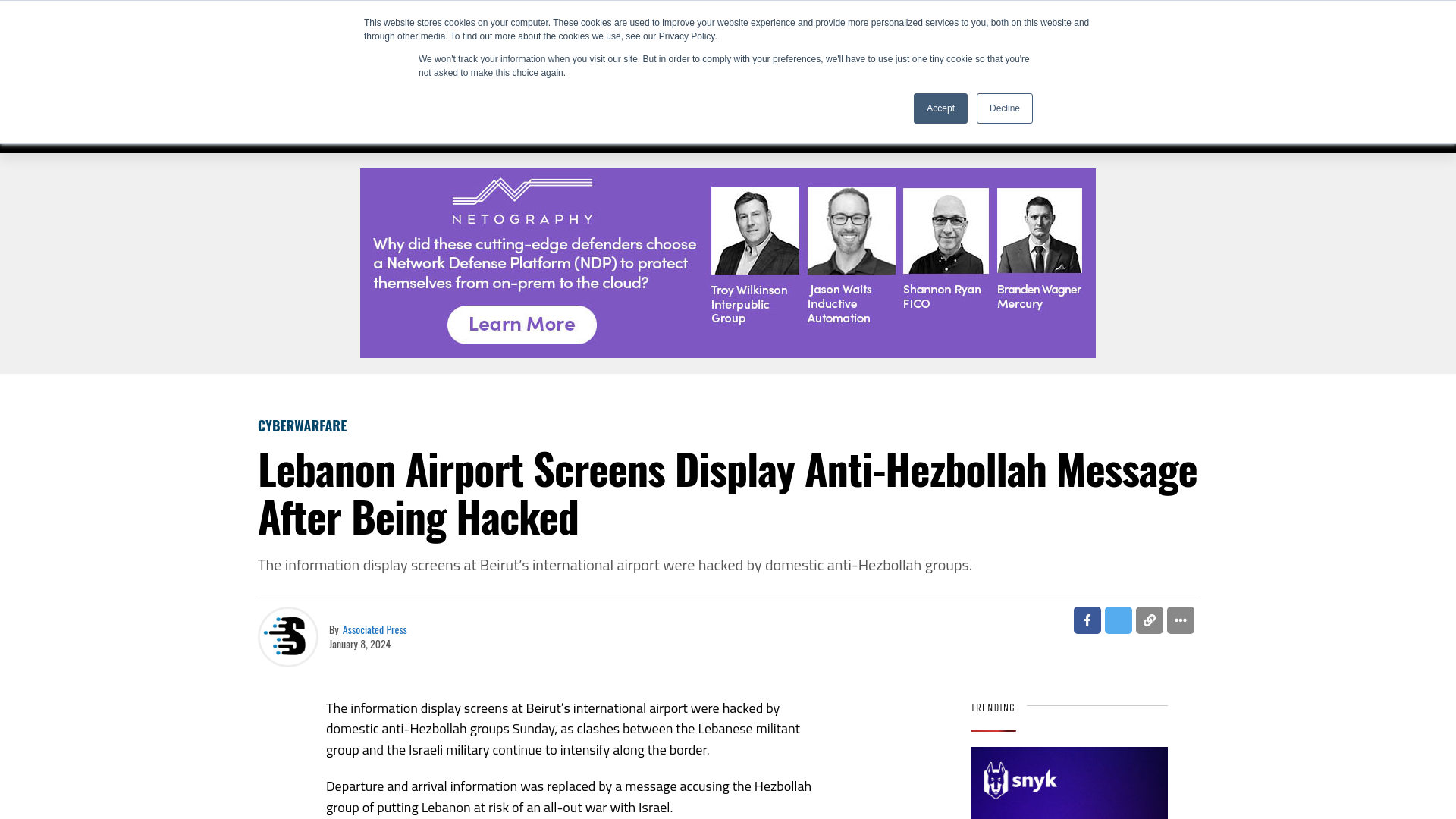 Lebanon Airport Screens Display Anti-Hezbollah Message After Being Hacked - SecurityWeek