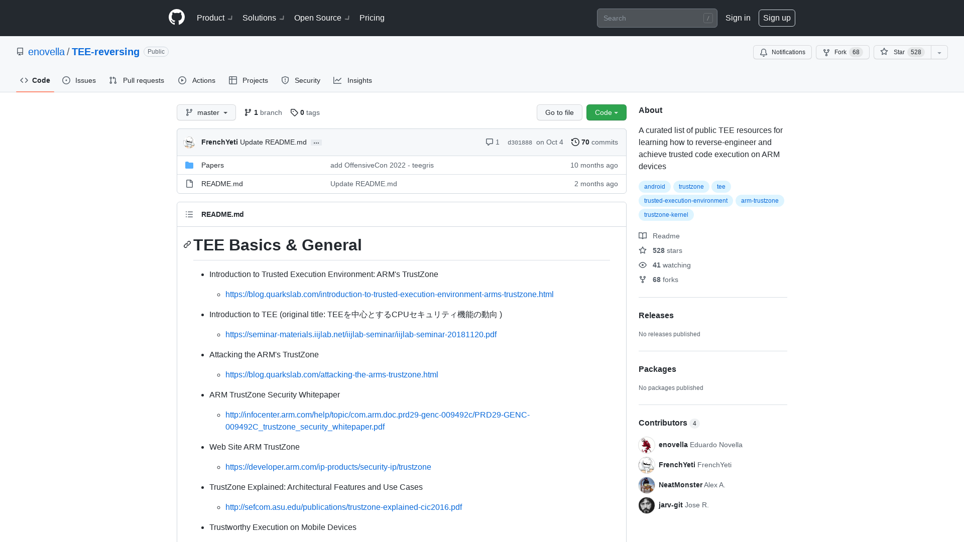 GitHub - enovella/TEE-reversing: A curated list of public TEE resources for learning how to reverse-engineer and achieve trusted code execution on ARM devices