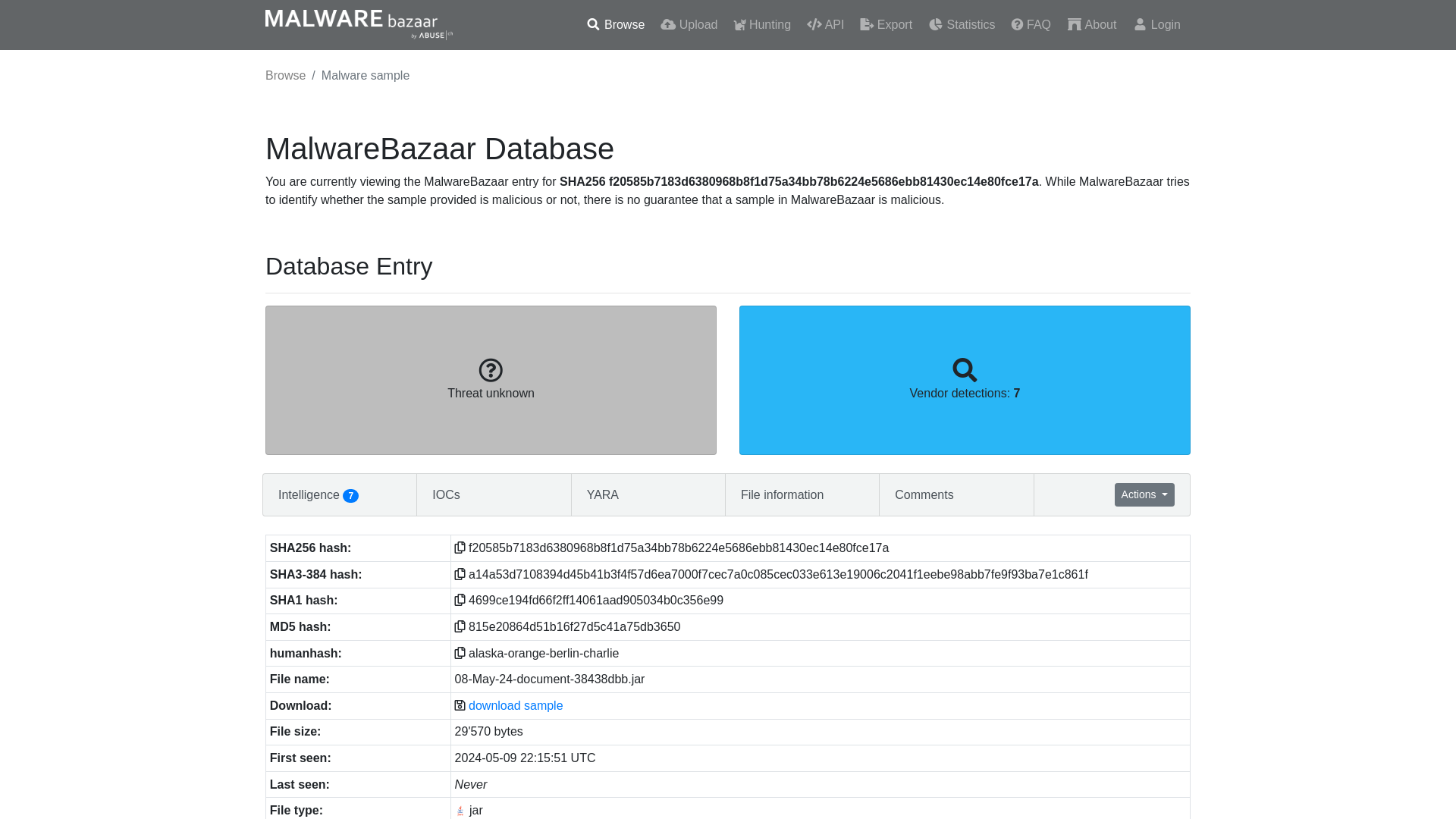 MalwareBazaar | SHA256 f20585b7183d6380968b8f1d75a34bb78b6224e5686ebb81430ec14e80fce17a