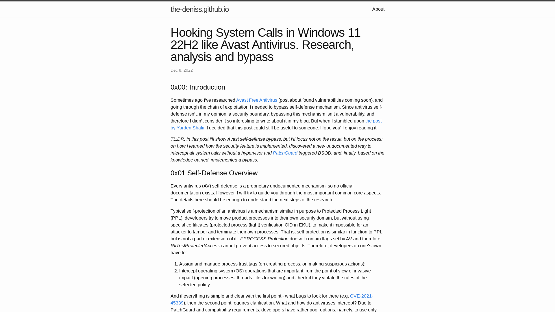 Hooking System Calls in Windows 11 22H2 like Avast Antivirus. Research, analysis and bypass | the-deniss.github.io