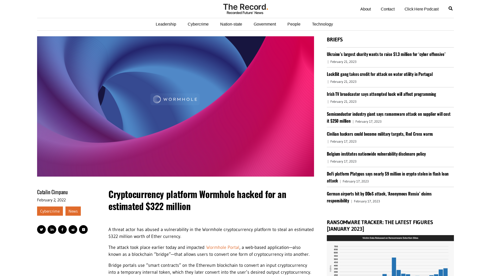 Cryptocurrency platform Wormhole hacked for an estimated $322 million - The Record from Recorded Future News