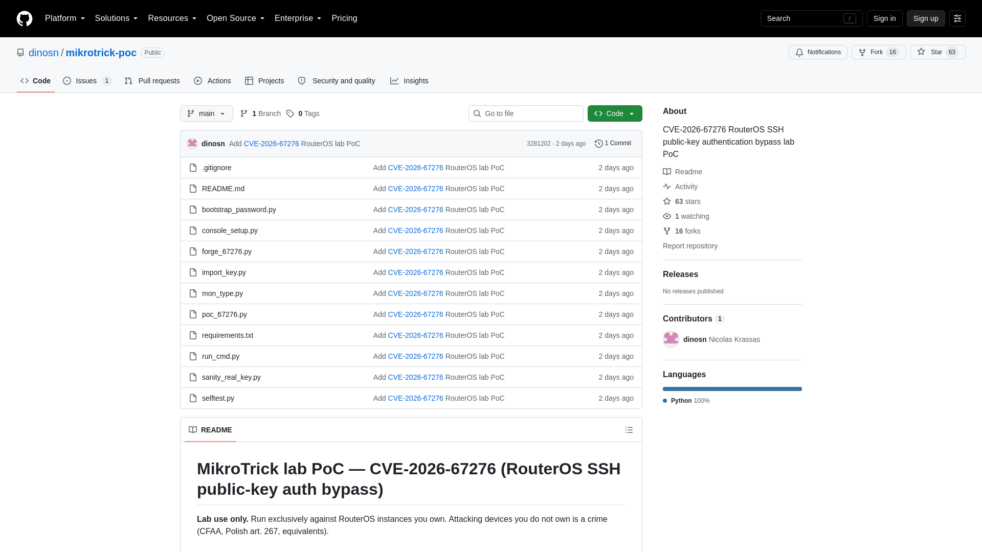 GitHub - dinosn/mikrotrick-poc: CVE-2026-67276 RouterOS SSH public-key authentication bypass lab PoC · GitHub