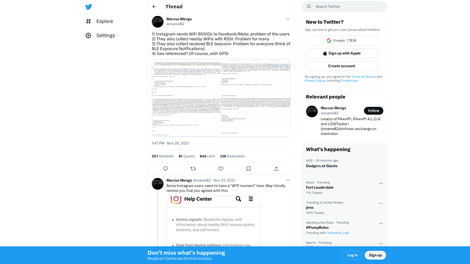 Marcus Mengs on Twitter: "1) Instagram sends WiFi BSSIDs to Facebook/Meta: problem of the users 2) They also collect nearby WiFis with RSSI: Problem for many 3) They also collect received BLE beacons: Problem for everyone (think of BLE Exposure Notifications) 4) Geo referenced? Of course, with GPS! https://t.co/Ltc57ssaY6" / Twitter