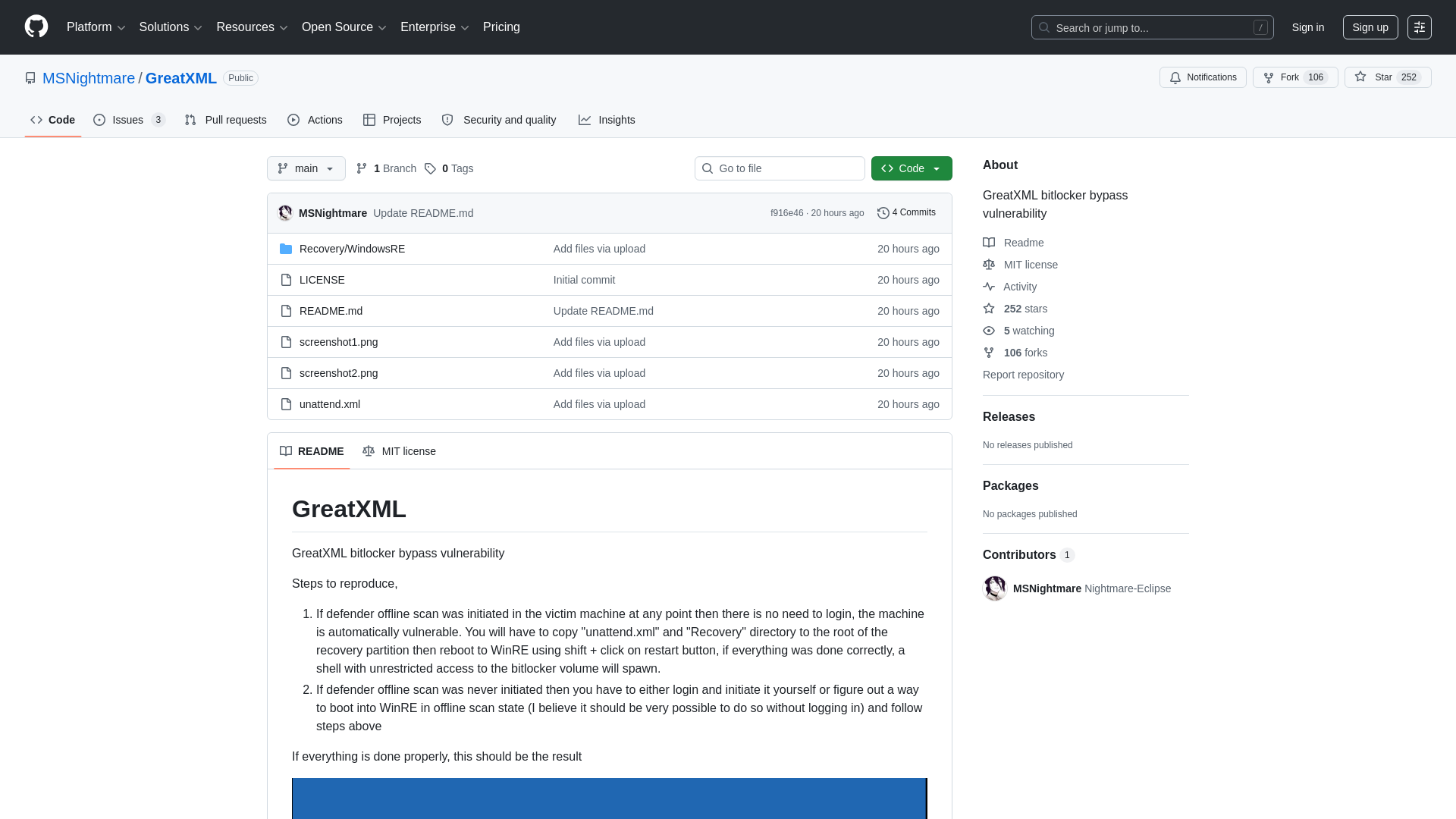 GitHub - MSNightmare/GreatXML: GreatXML bitlocker bypass vulnerability · GitHub