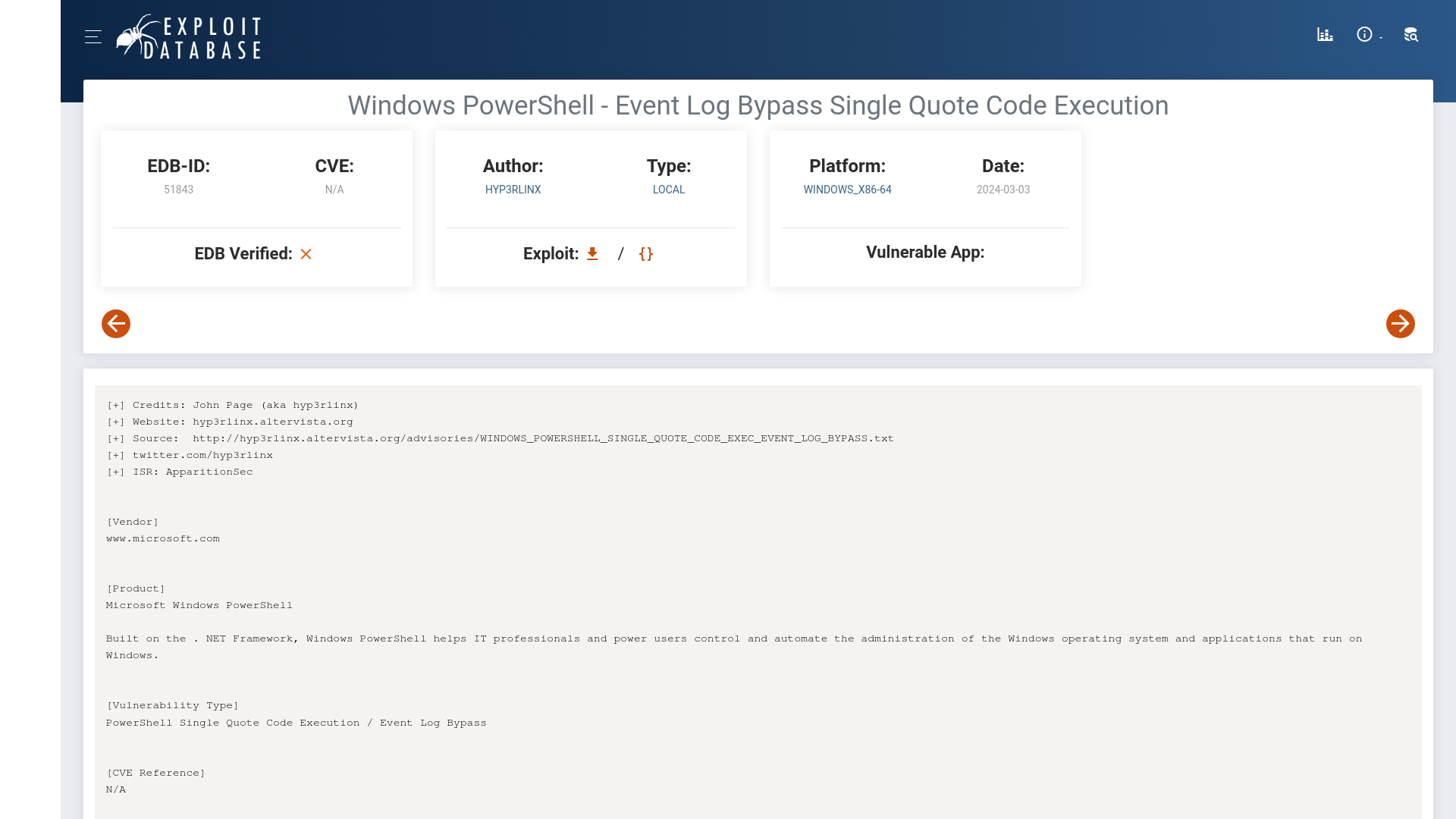 Windows PowerShell - Event Log Bypass Single Quote Code Execution - Windows_x86-64 local Exploit