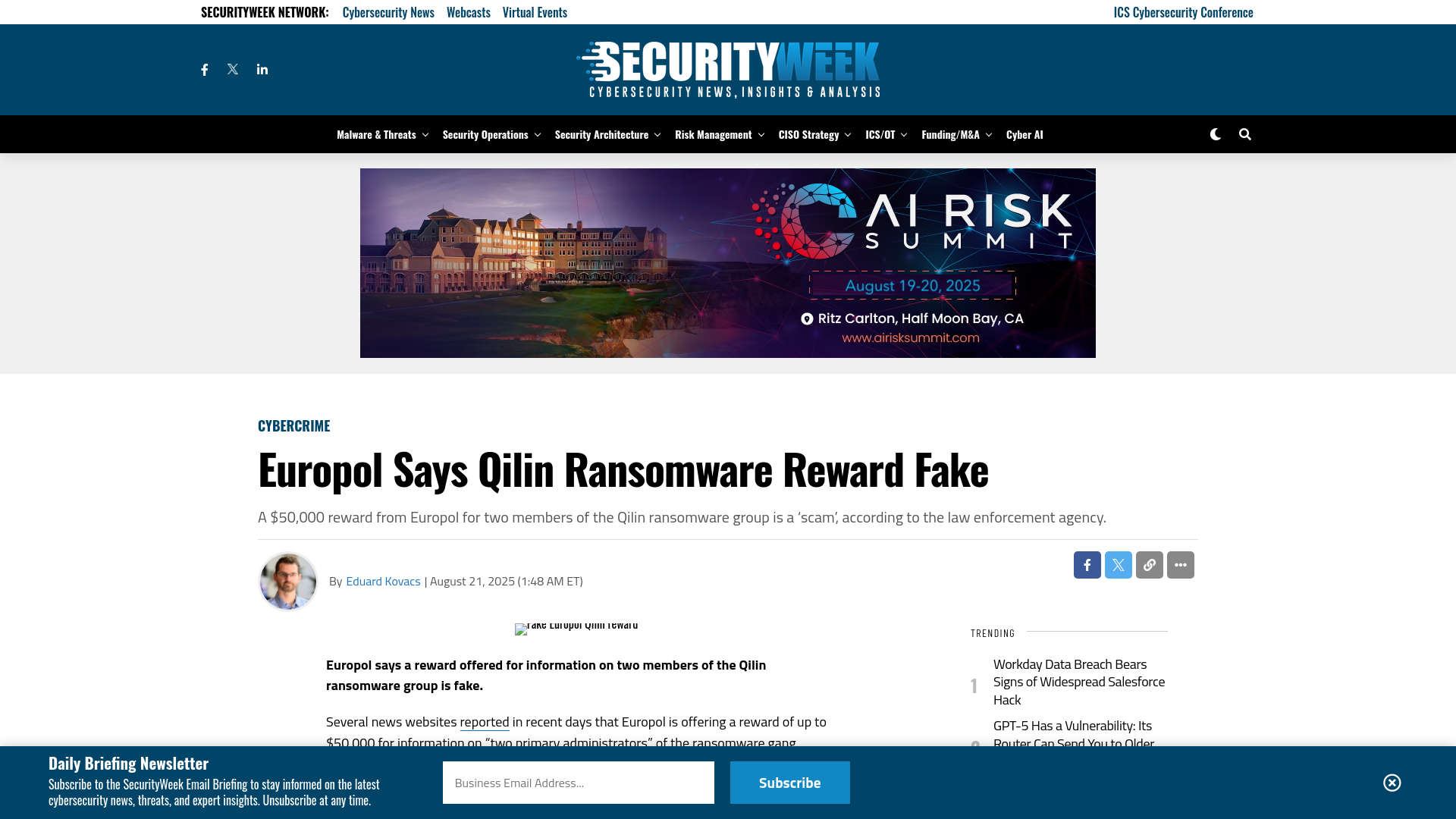 Europol Says Qilin Ransomware Reward Fake - SecurityWeek