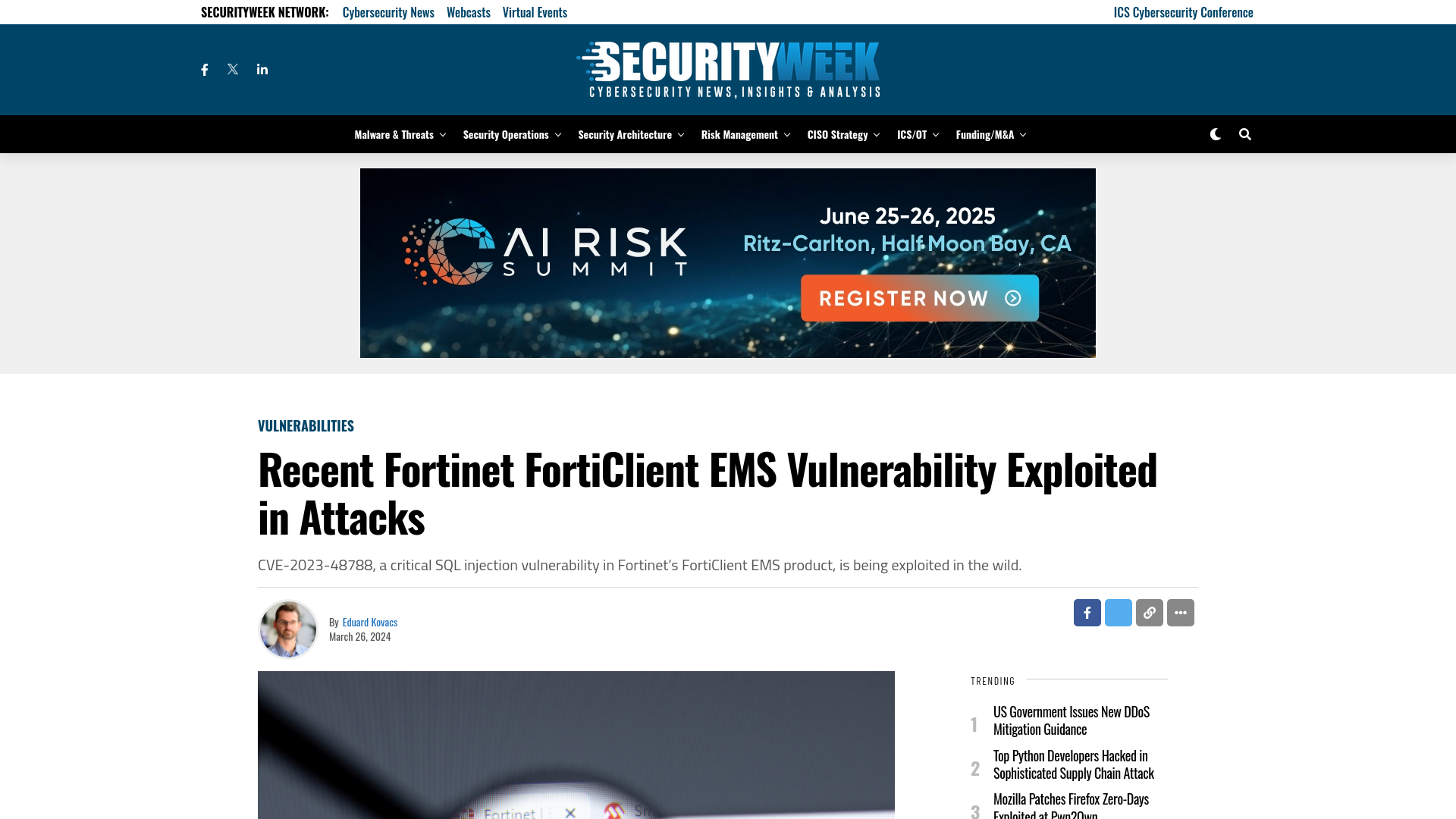 Recent Fortinet FortiClient EMS Vulnerability Exploited in Attacks - SecurityWeek