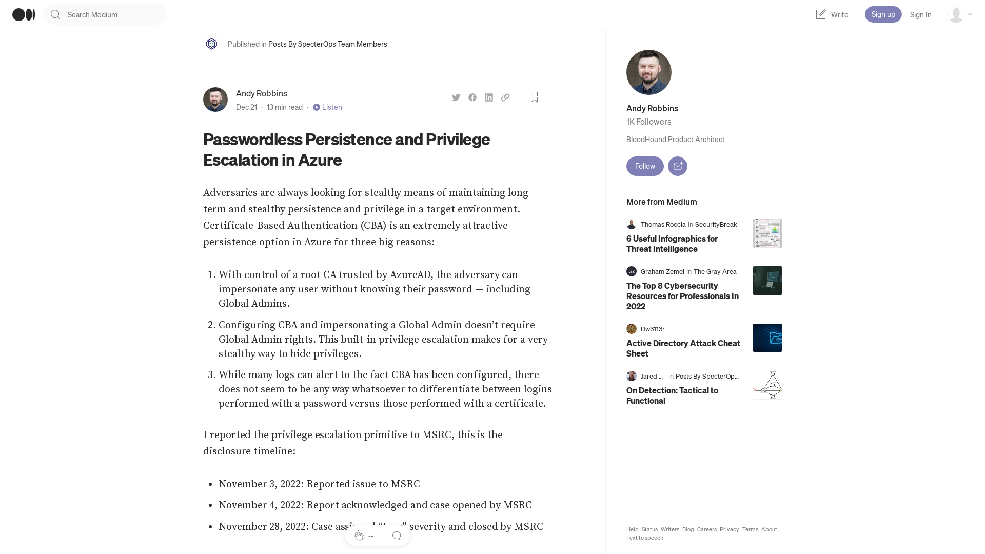 Passwordless Persistence and Privilege Escalation in Azure | by Andy Robbins | Dec, 2022 | Posts By SpecterOps Team Members