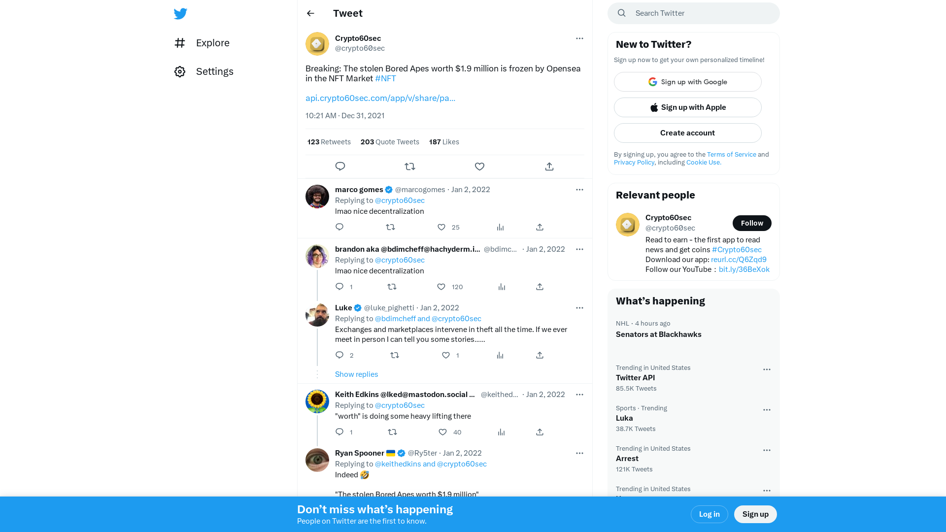 Crypto60sec on Twitter: "Breaking: The stolen Bored Apes worth $1.9 million is frozen by Opensea in the NFT Market #NFT https://t.co/C3XGDYGVq7" / Twitter