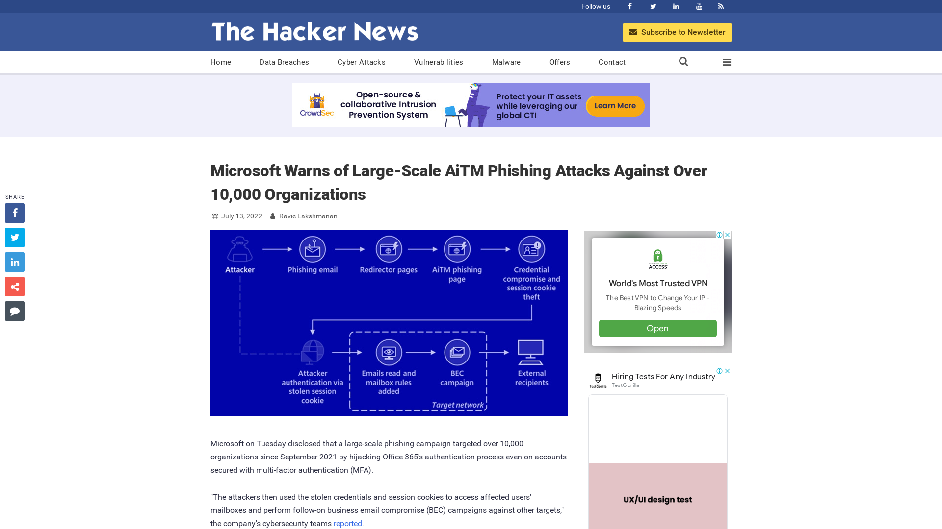 Microsoft Warns of Large-Scale AiTM Phishing Attacks Against Over 10,000 Organizations